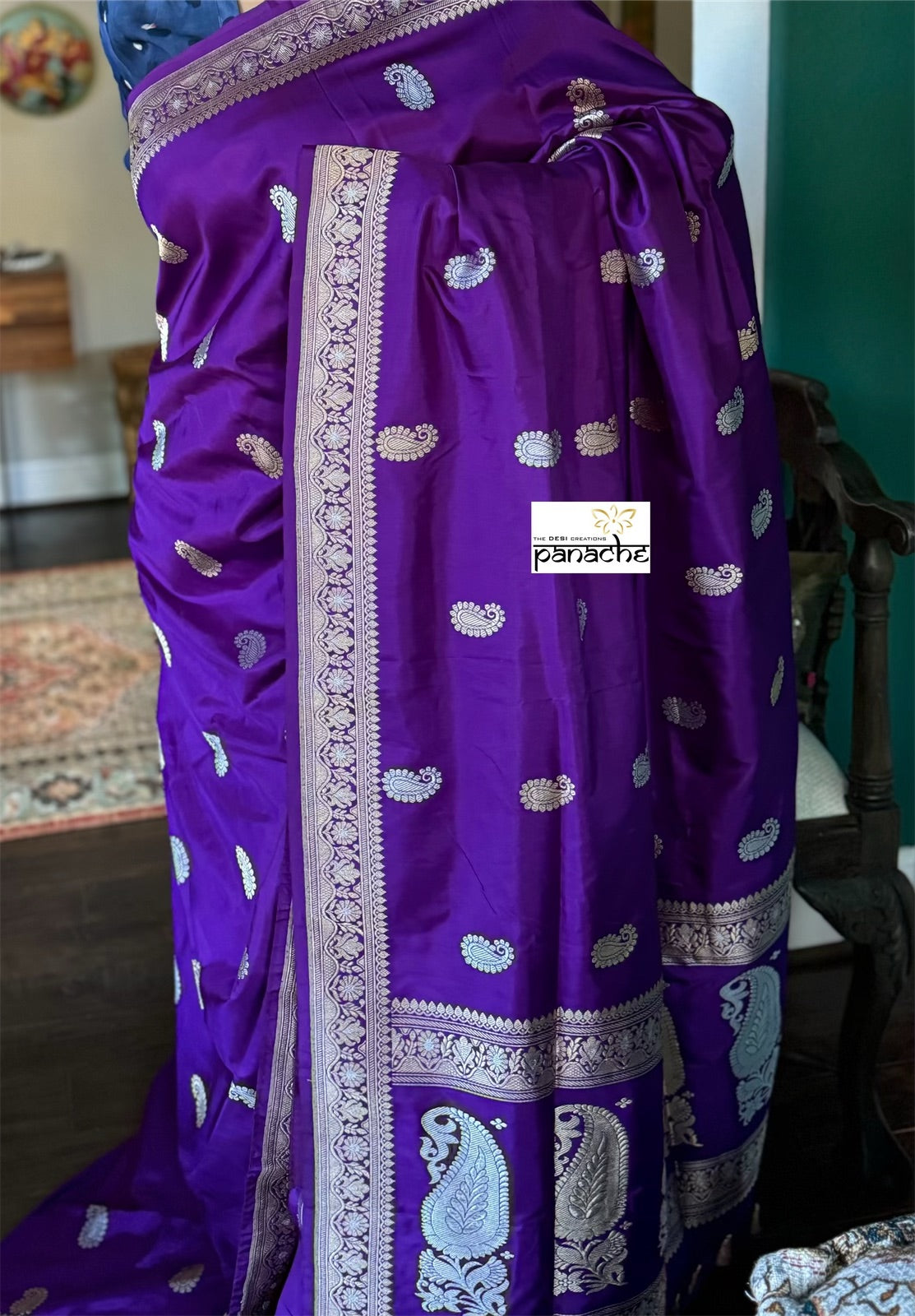 Pure Silk Katan Banarasi - Purple Paisley Kadwa