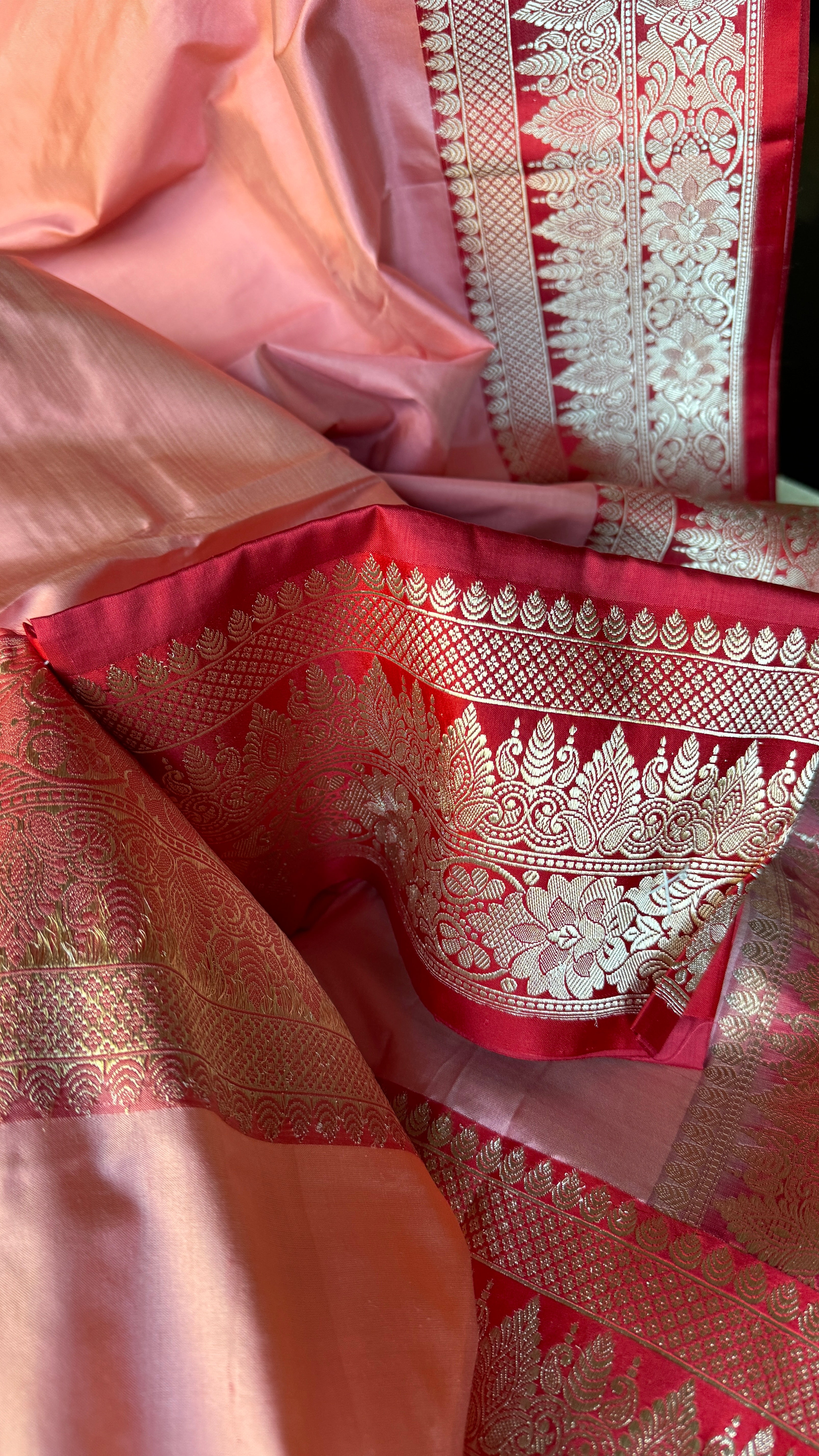 Pure Silk Katan Banarasi- Peach Red Kadhua