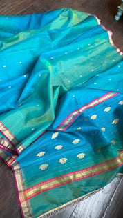 Pure Chanderi Organza Silk - Firozi and Green Shaded