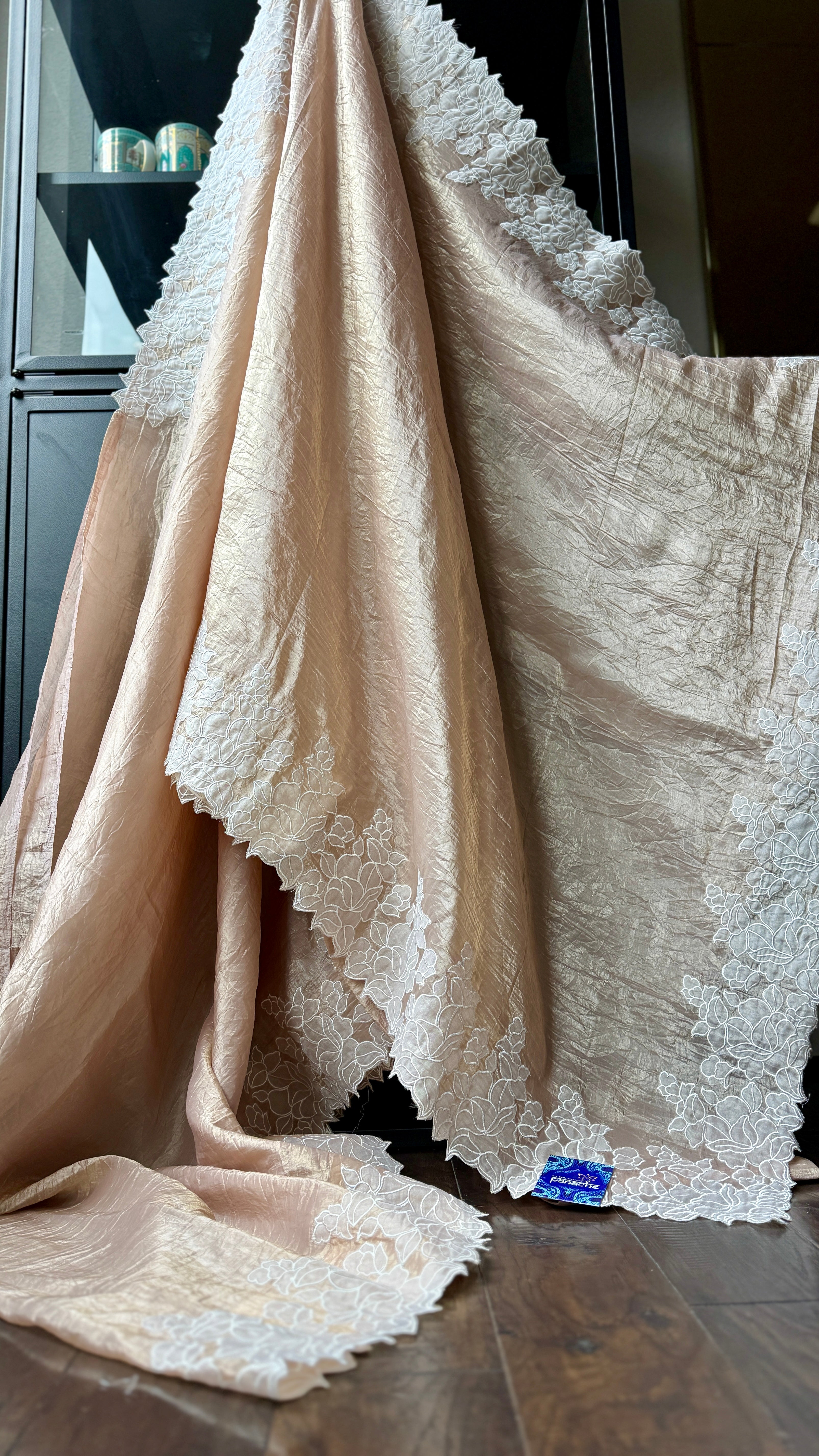 Designer Crushed Tissue Silk - Light Brown Appliqué Embroidered