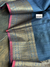 Pure Tussar Silk Banarasi - Navy Blue Antique Zari