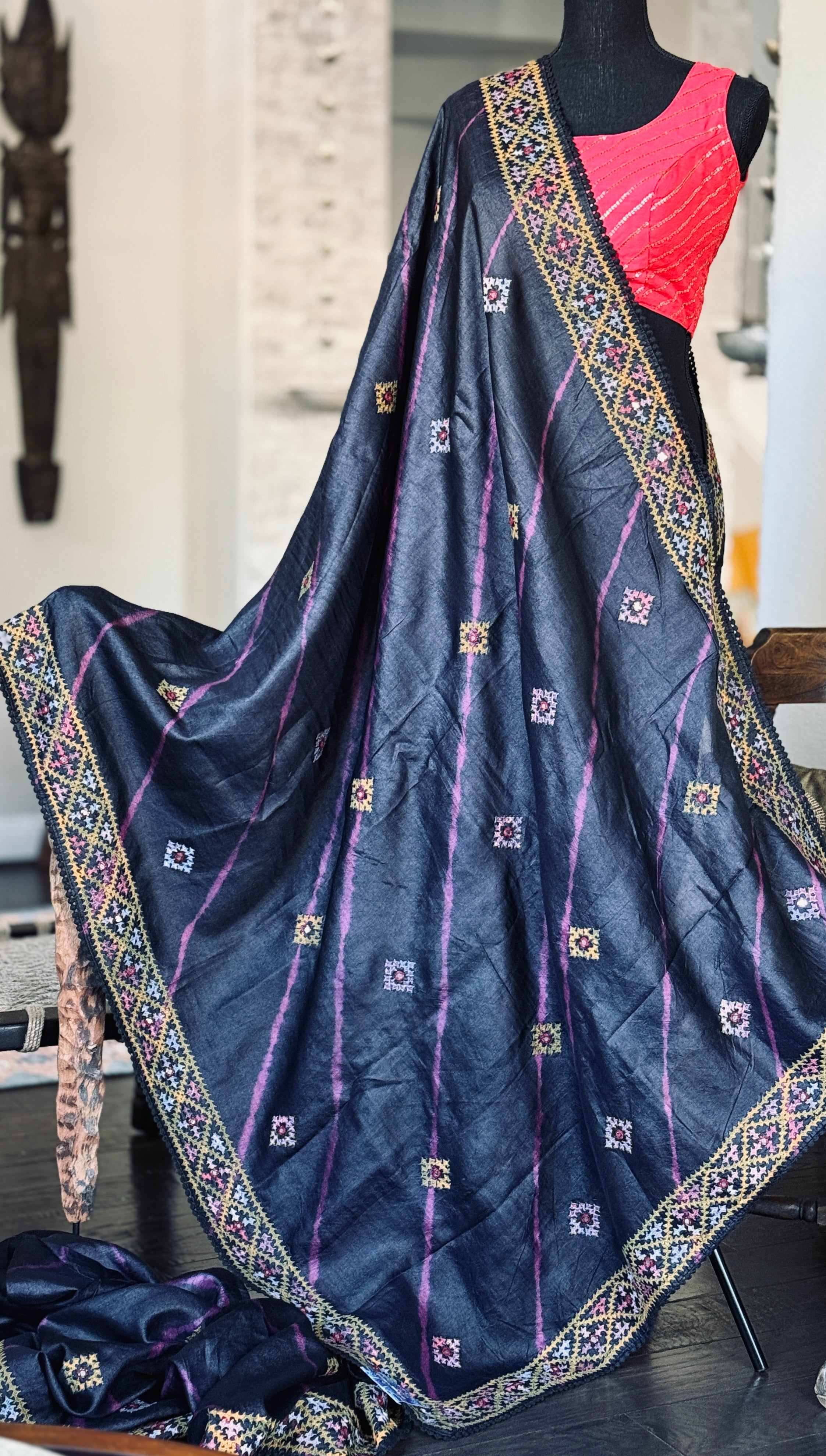 Pure Tussar Silk Gujrati Stitch -  Black Shibori Hand Embroidered