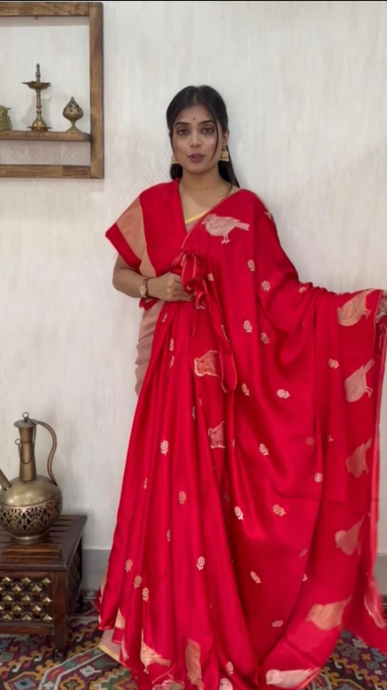 Designer Satin Silk - Red Bird Woven