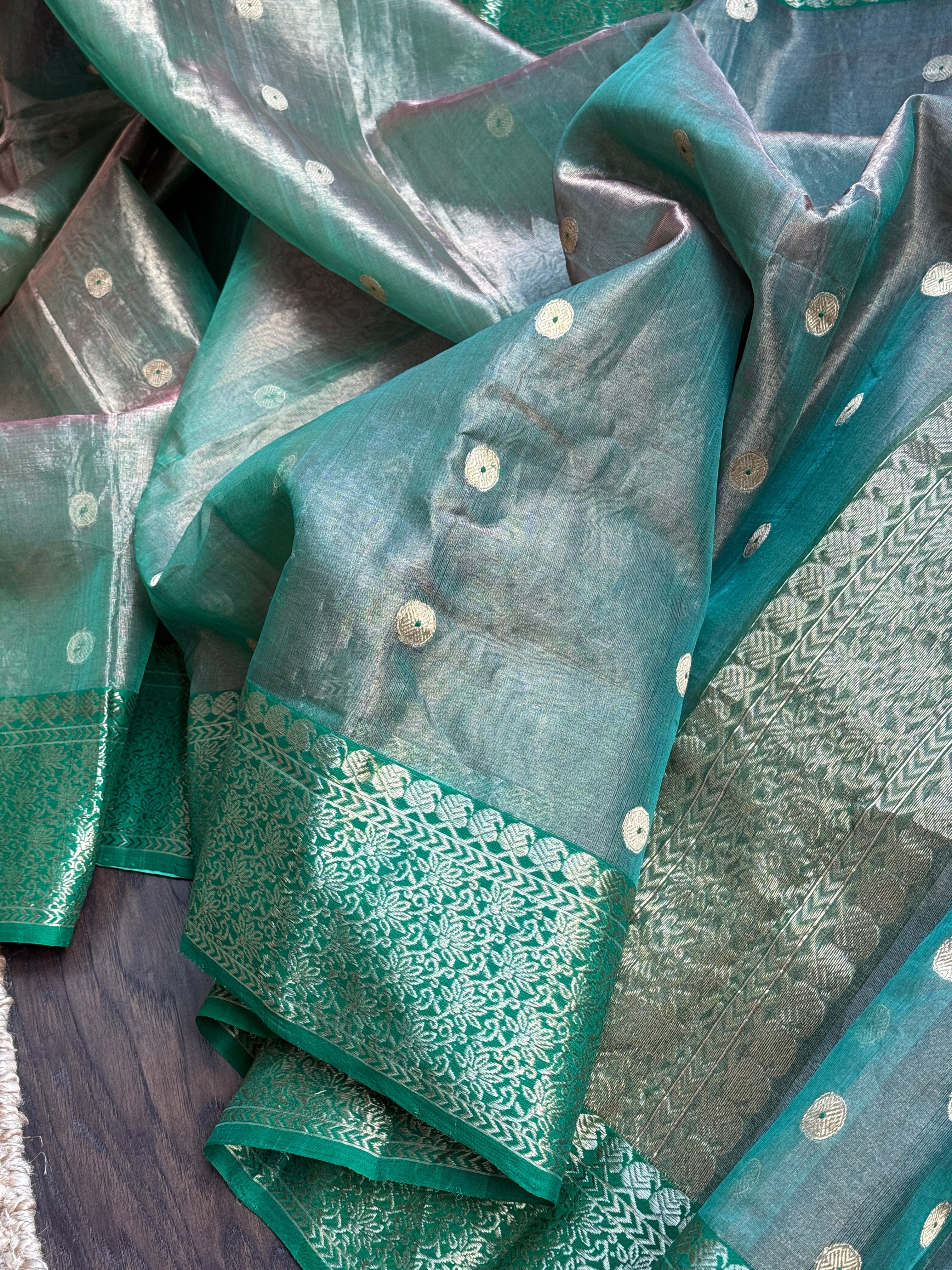 Tissue Chanderi Silk - Green Golden Zari