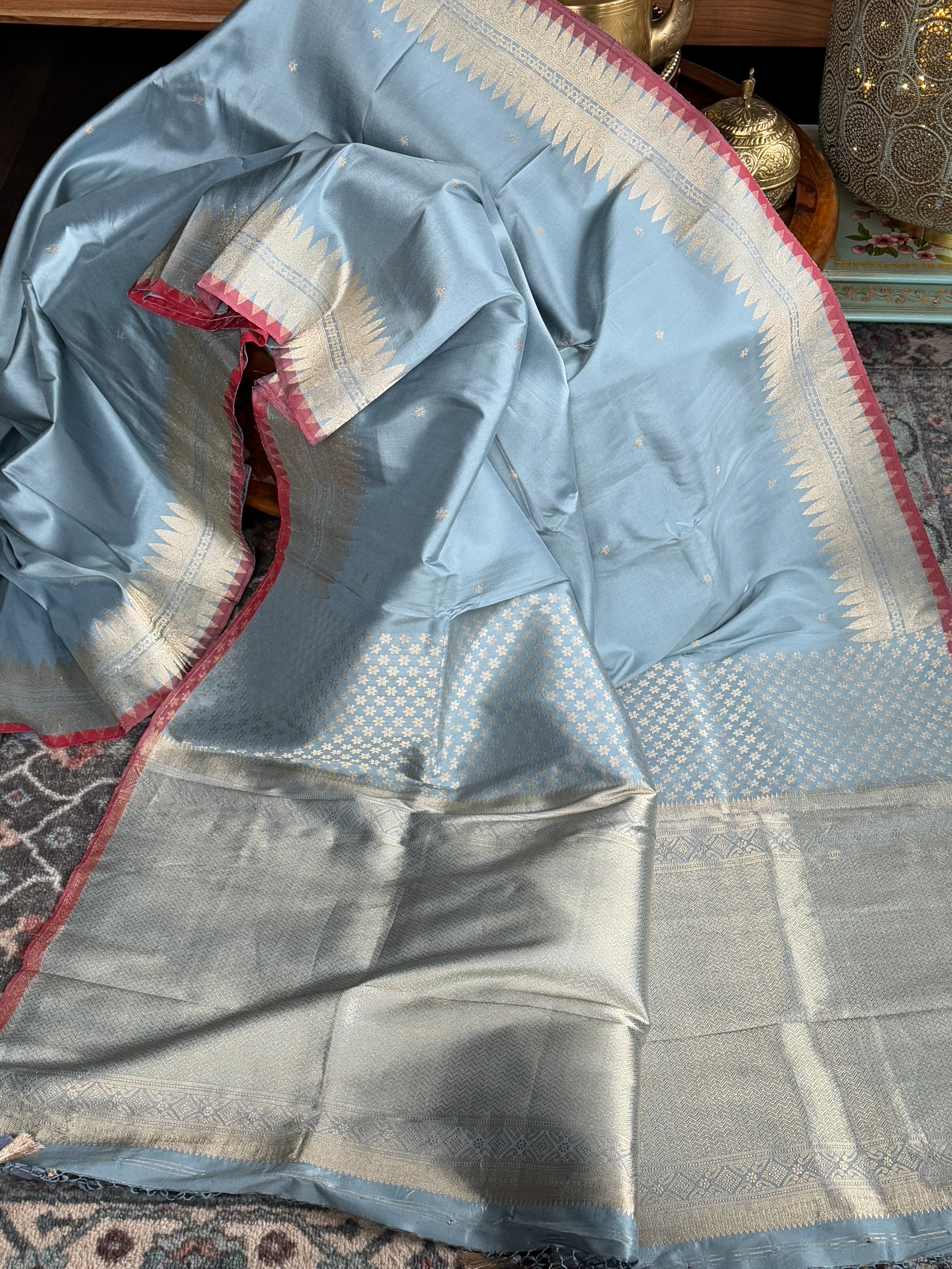 Katan Silk Banarasi - Soft Blue Grey Red Kadhua