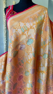 Soft Silk Banaras Brocade Saree - Orange Peach Dual Tone