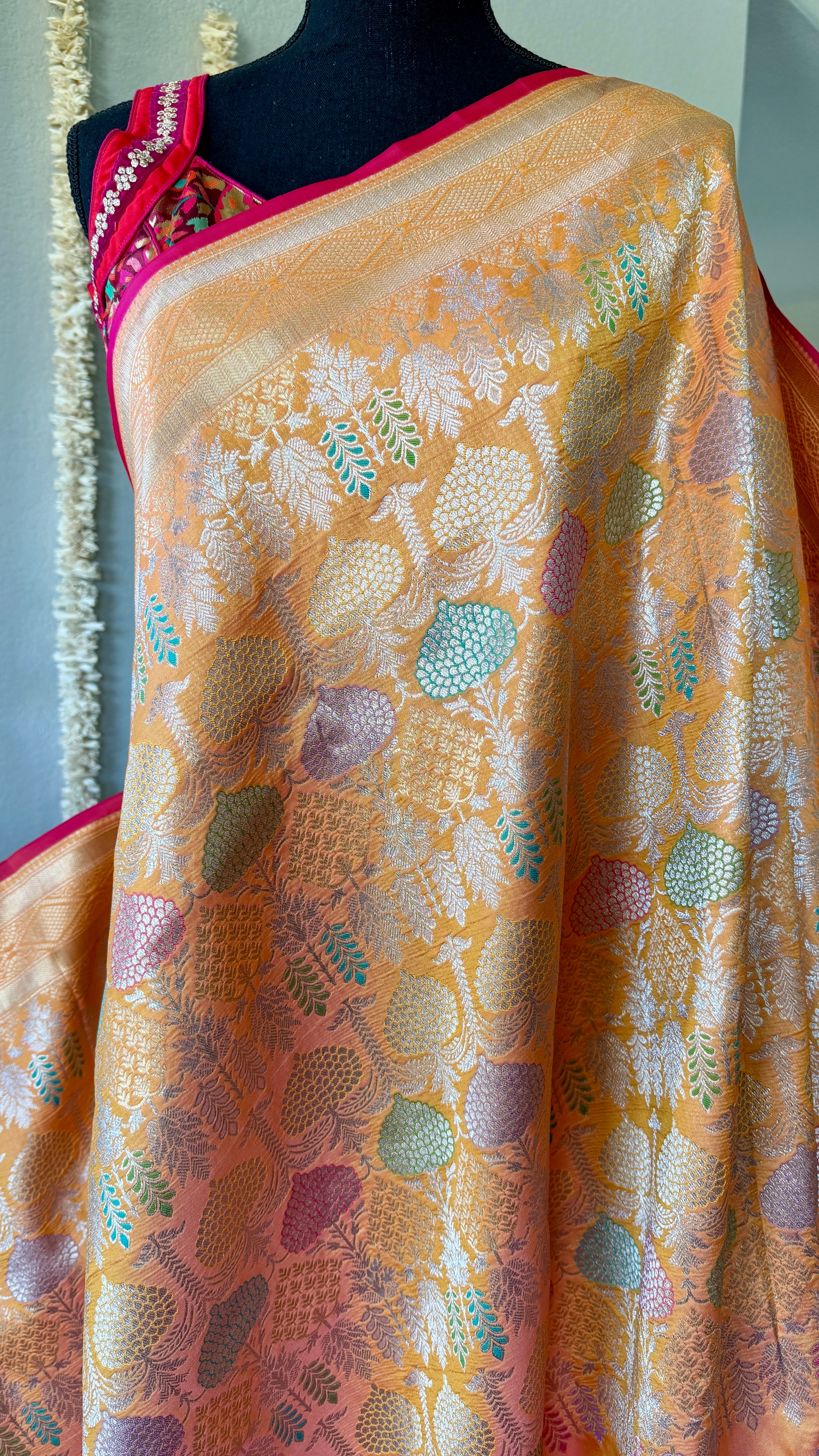 Soft Silk Banaras Brocade Saree - Orange Peach Dual Tone