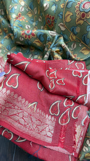 Tussar Silk Kalamkari Banarasi- Green Red