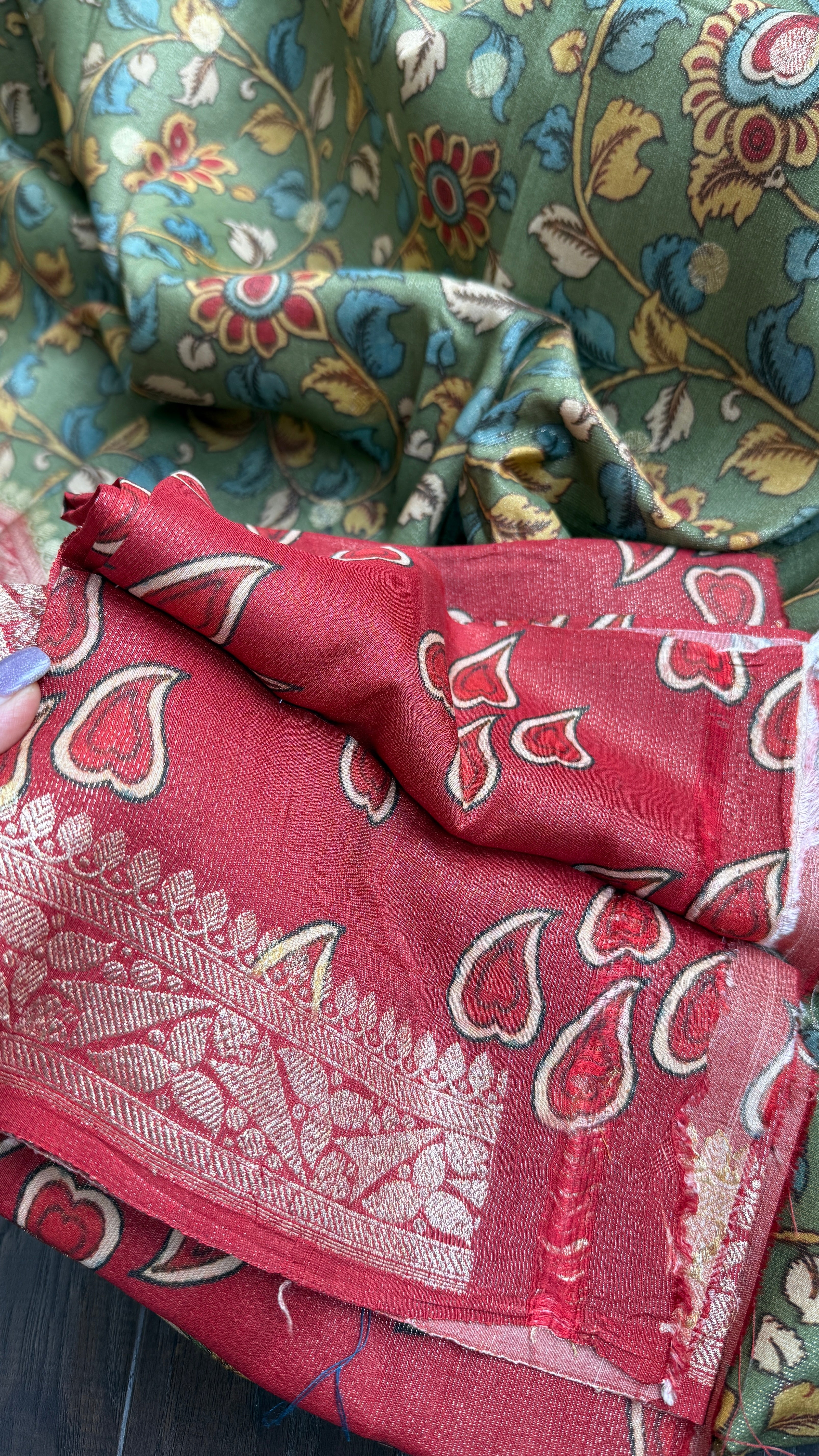 Tussar Silk Kalamkari Banarasi- Green Red