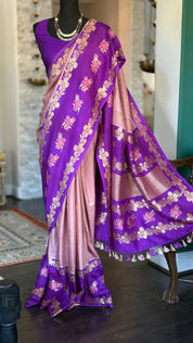 Tussar Georgette Katan Silk Banarasi - Blush pink Purple Kadhua