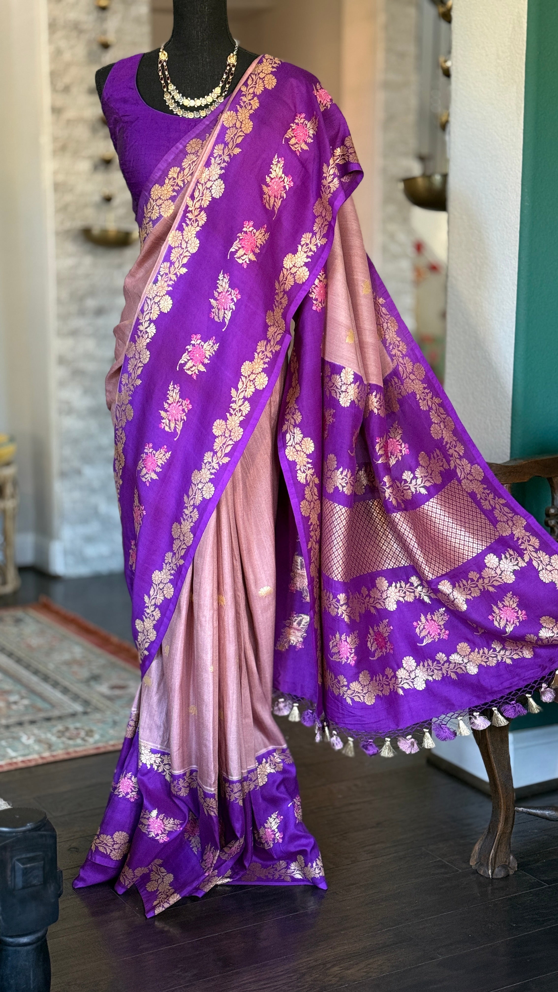 Tussar Georgette Katan Silk Banarasi - Blush pink Purple Kadhua