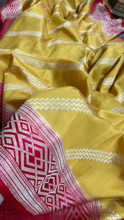 Pure Silk Katan Banarasi- Yellow Red Kadhua