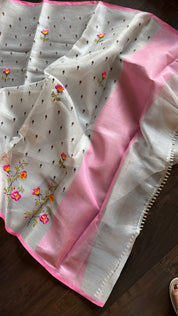 Designer Organza Tissue - Silver Grey Pink Embroidered