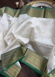 Pure Chanderi Pattu Silk - Cream Green Gold Zari Woven