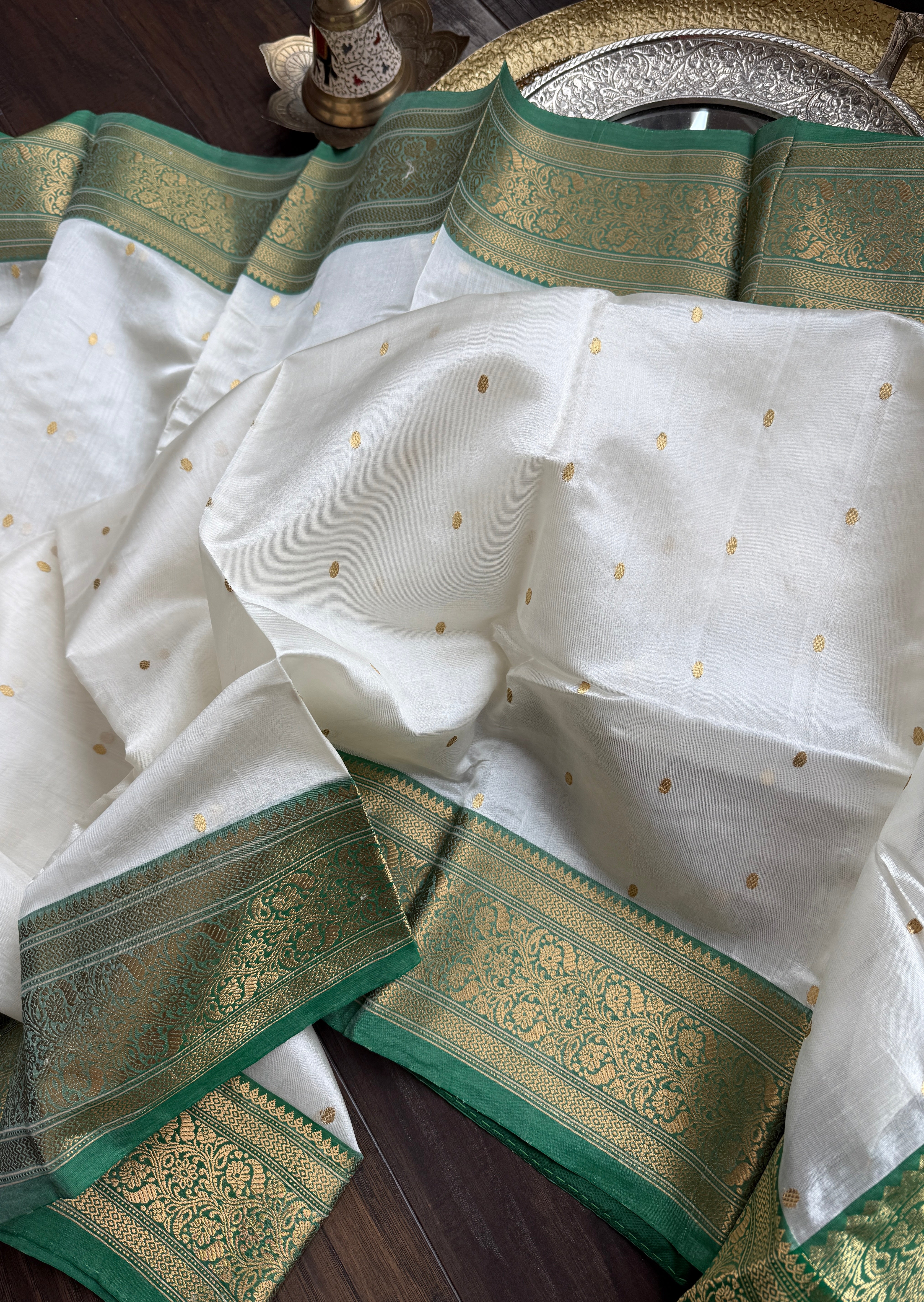 Pure Chanderi Pattu Silk - Cream Green Gold Zari Woven