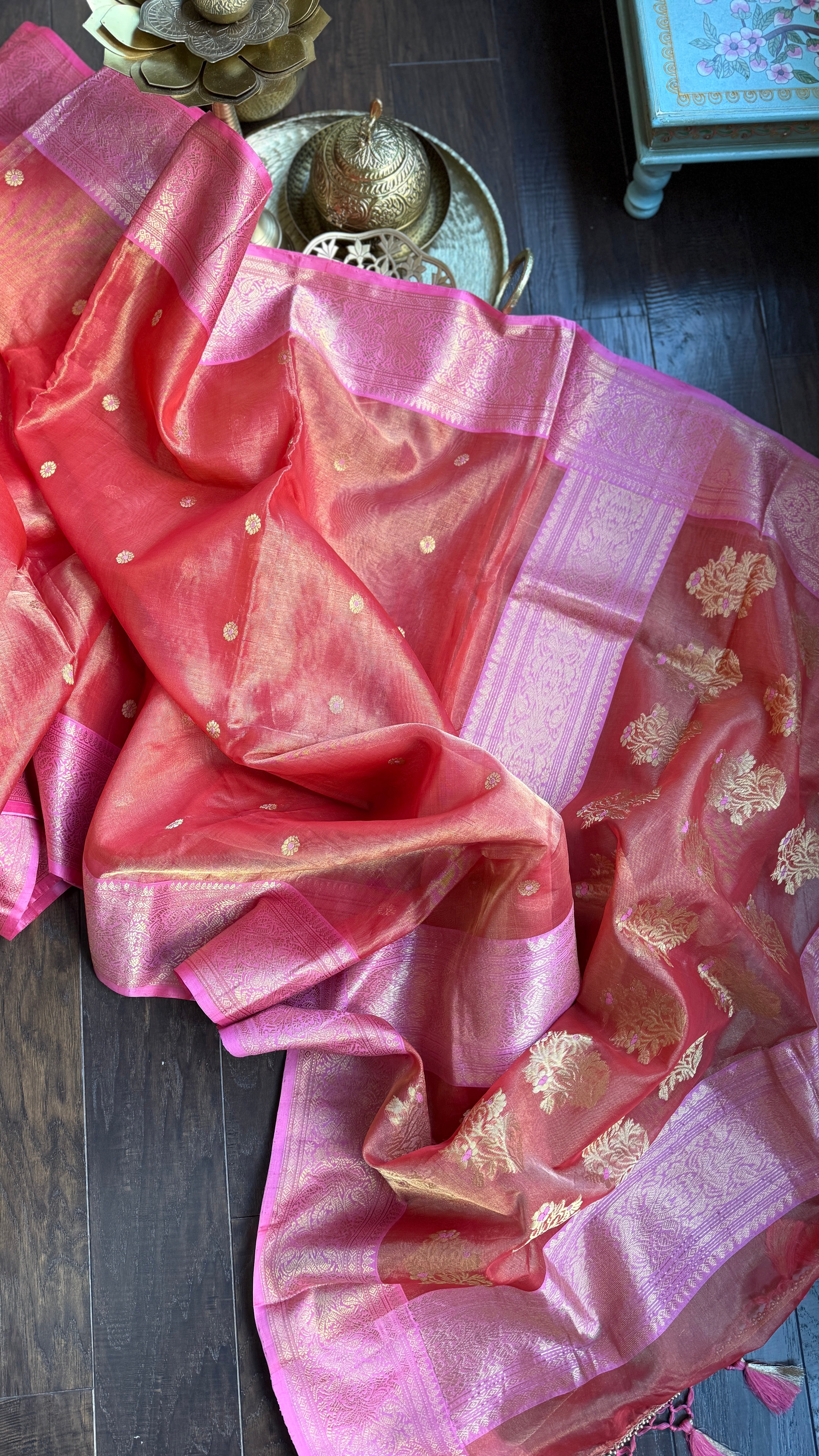 Tissue Chanderi Silk - Orangish Peach Lavender