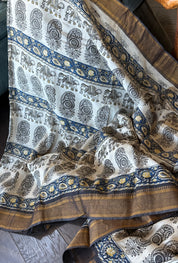 Chinori Silk Kalamkari  - Dusty White Blue