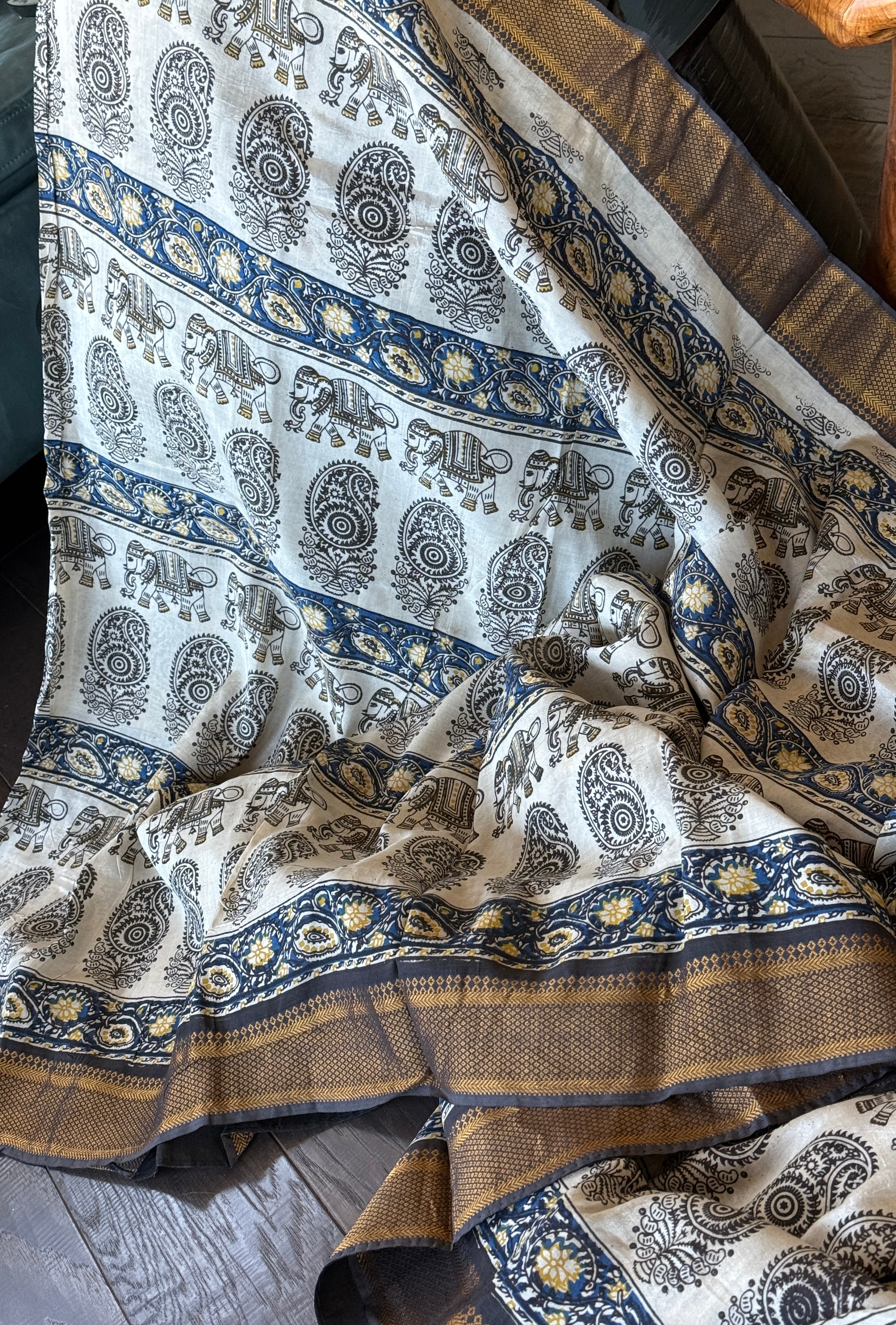 Chinori Silk Kalamkari  - Dusty White Blue