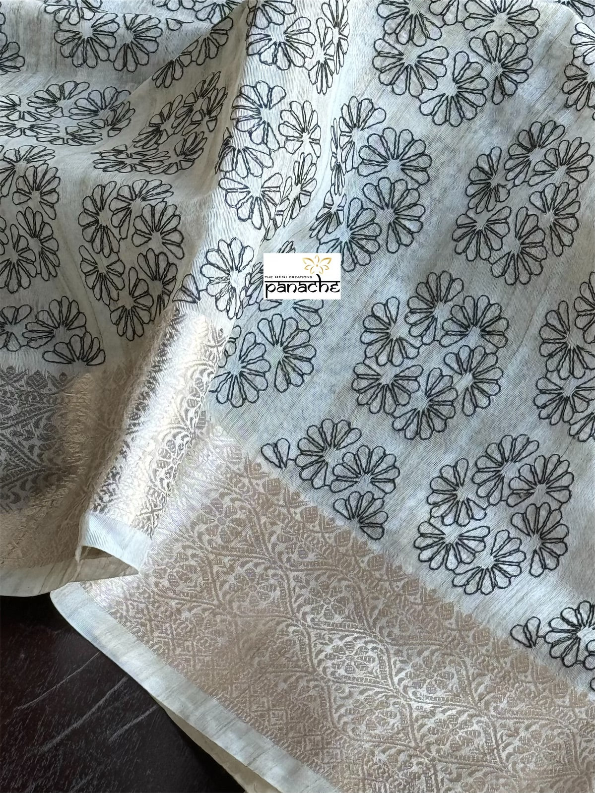 Cotton Silk Banaras Chanderi - Beige Black Embroidered