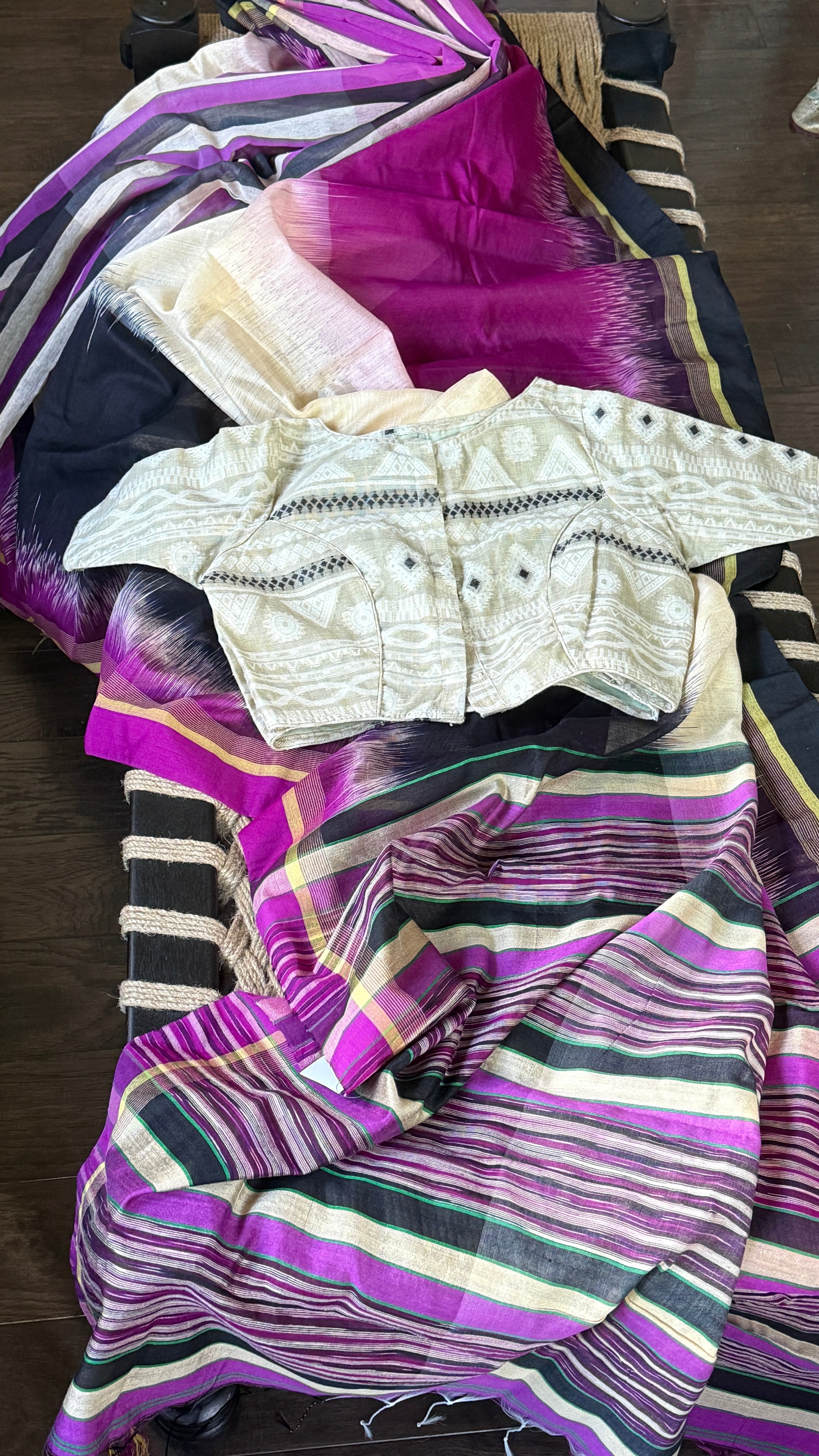 Cotton Silk Ikat - Cream Purple Black