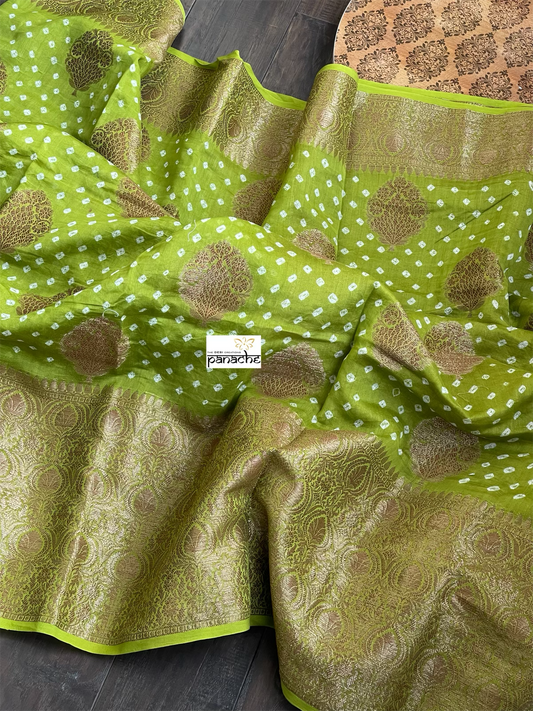 Silk Cotton Bandhani Banaras Chanderi - Green Gold Zari
