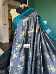 Pure Silk Katan Banarasi -  Grey Teal Blue