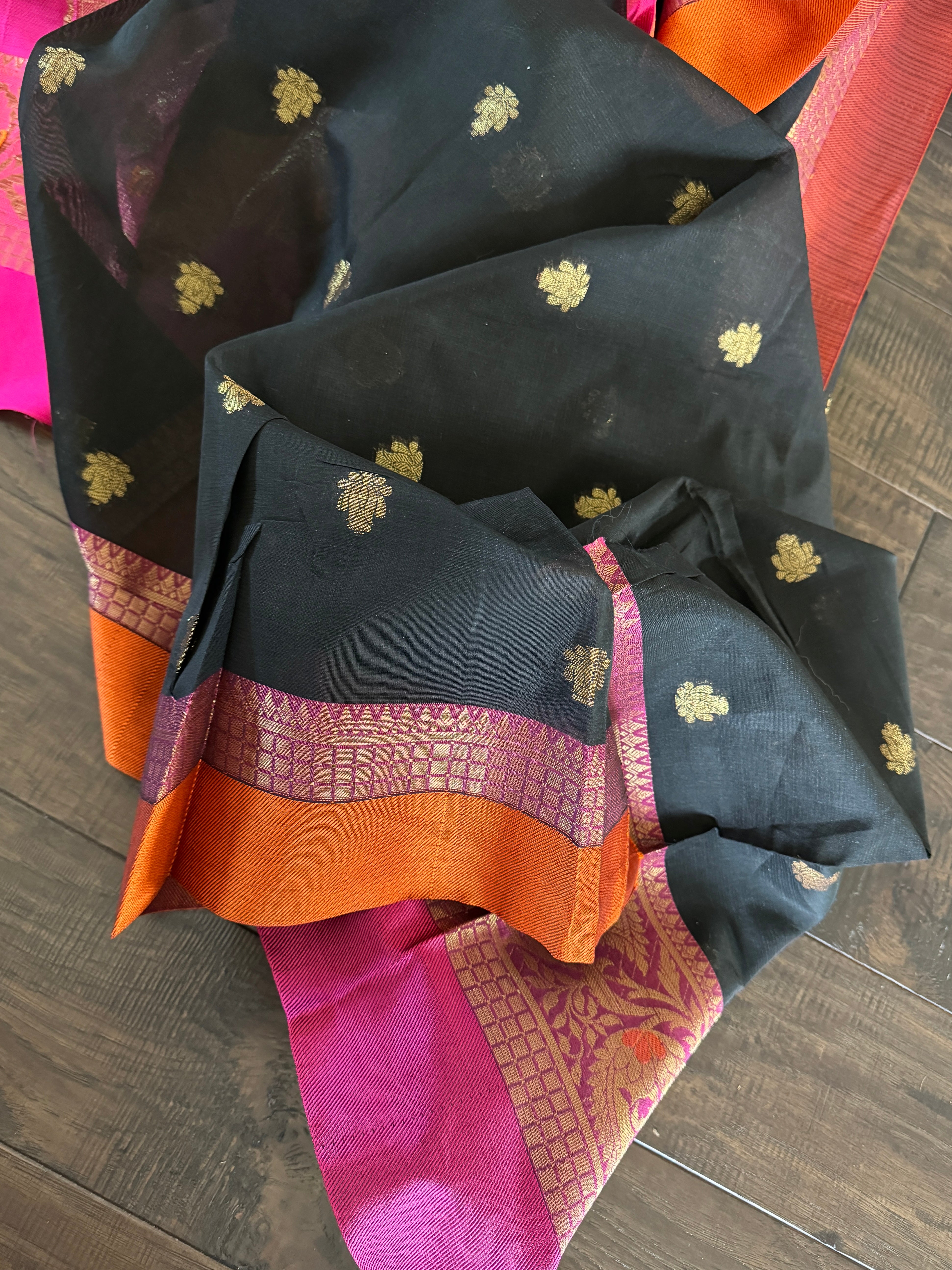 Cotton Silk Banaras Chanderi - Black Pink Orange