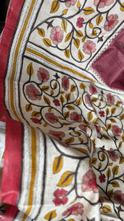 Pure Tussar Silk Kantha Stitch -  Maroon Beige