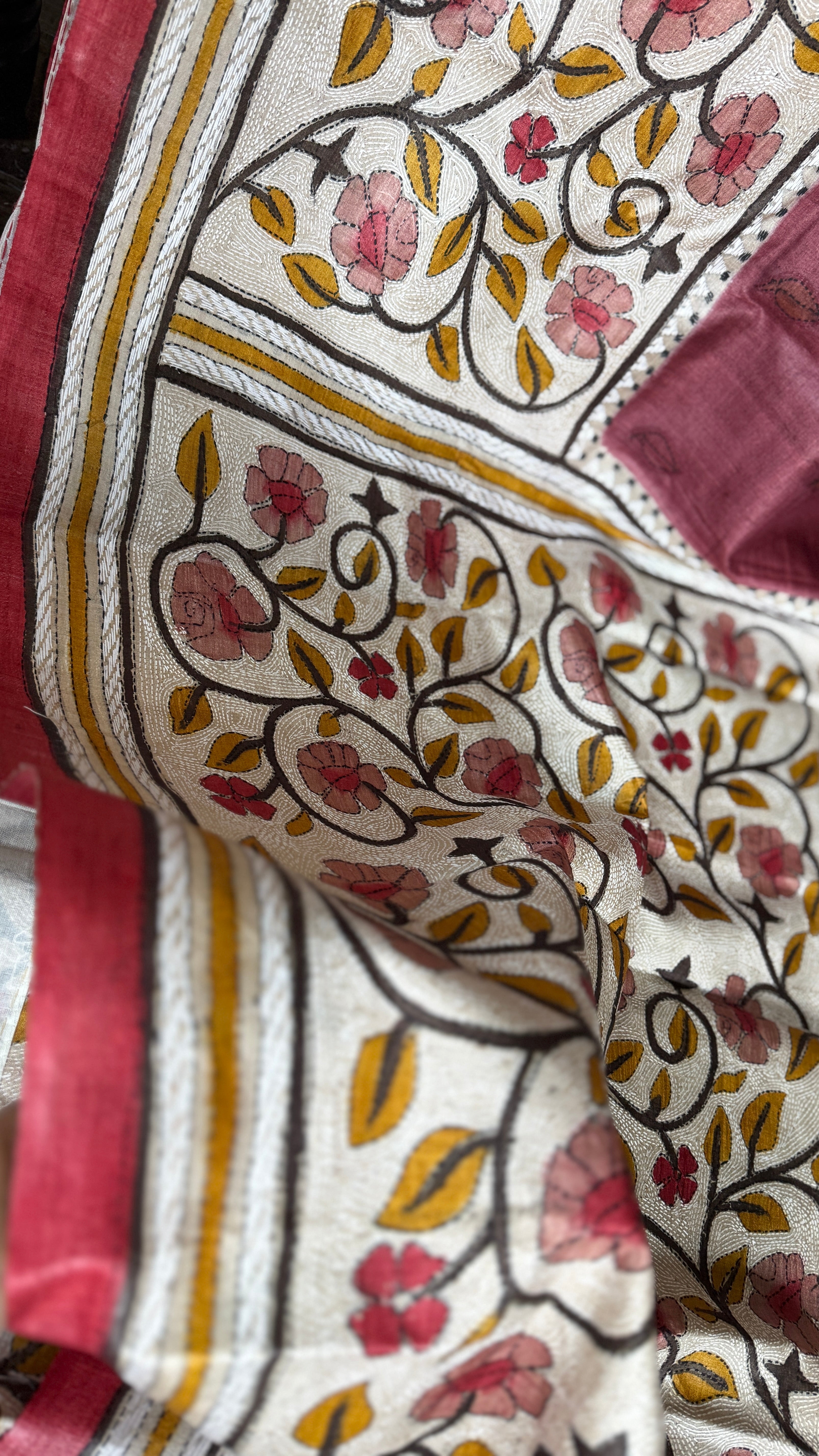 Pure Tussar Silk Kantha Stitch -  Maroon Beige