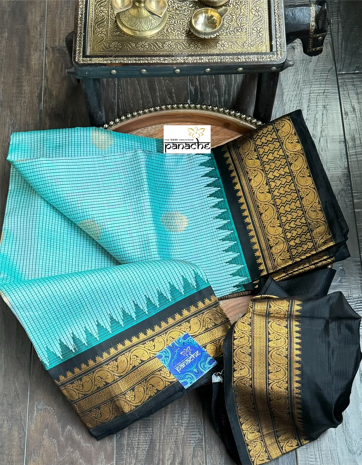 Pure Silk Gadwal - Aqua Sea Blue Black