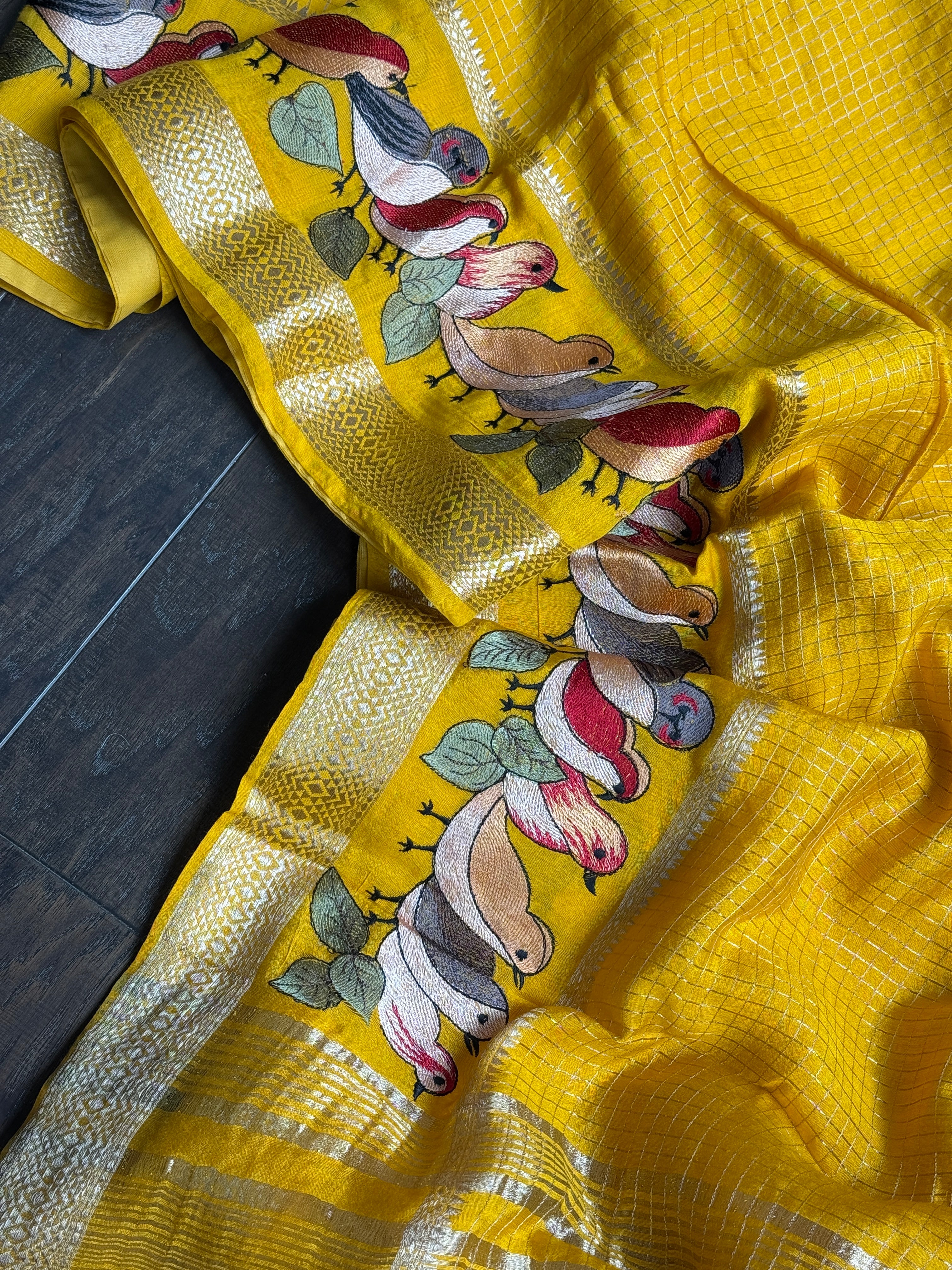 Designer Cotton Silk Banaras Chanderi - Mango Yellow Bird Embroidered