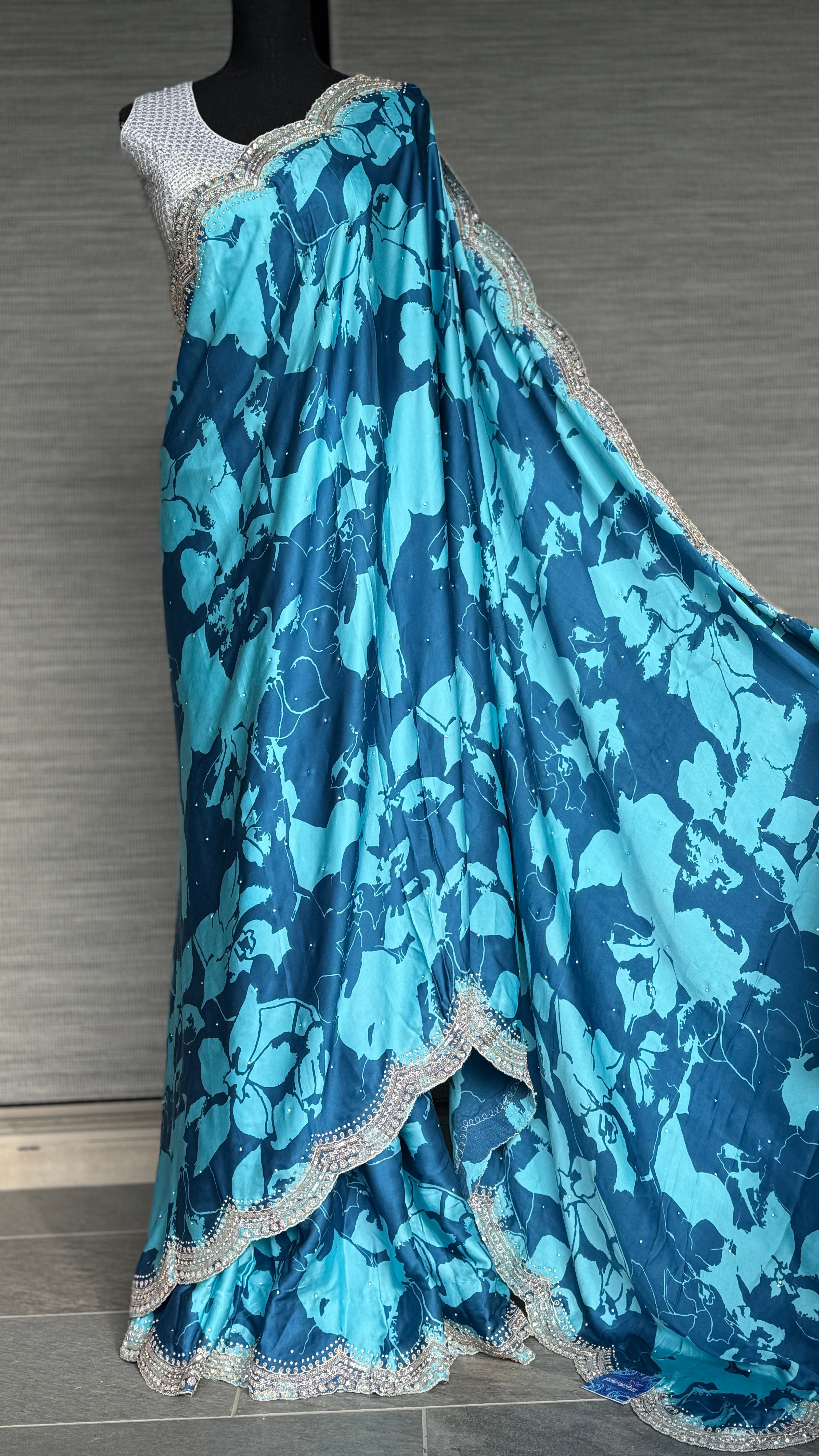Designer Crepe Satin - Blue Firozi