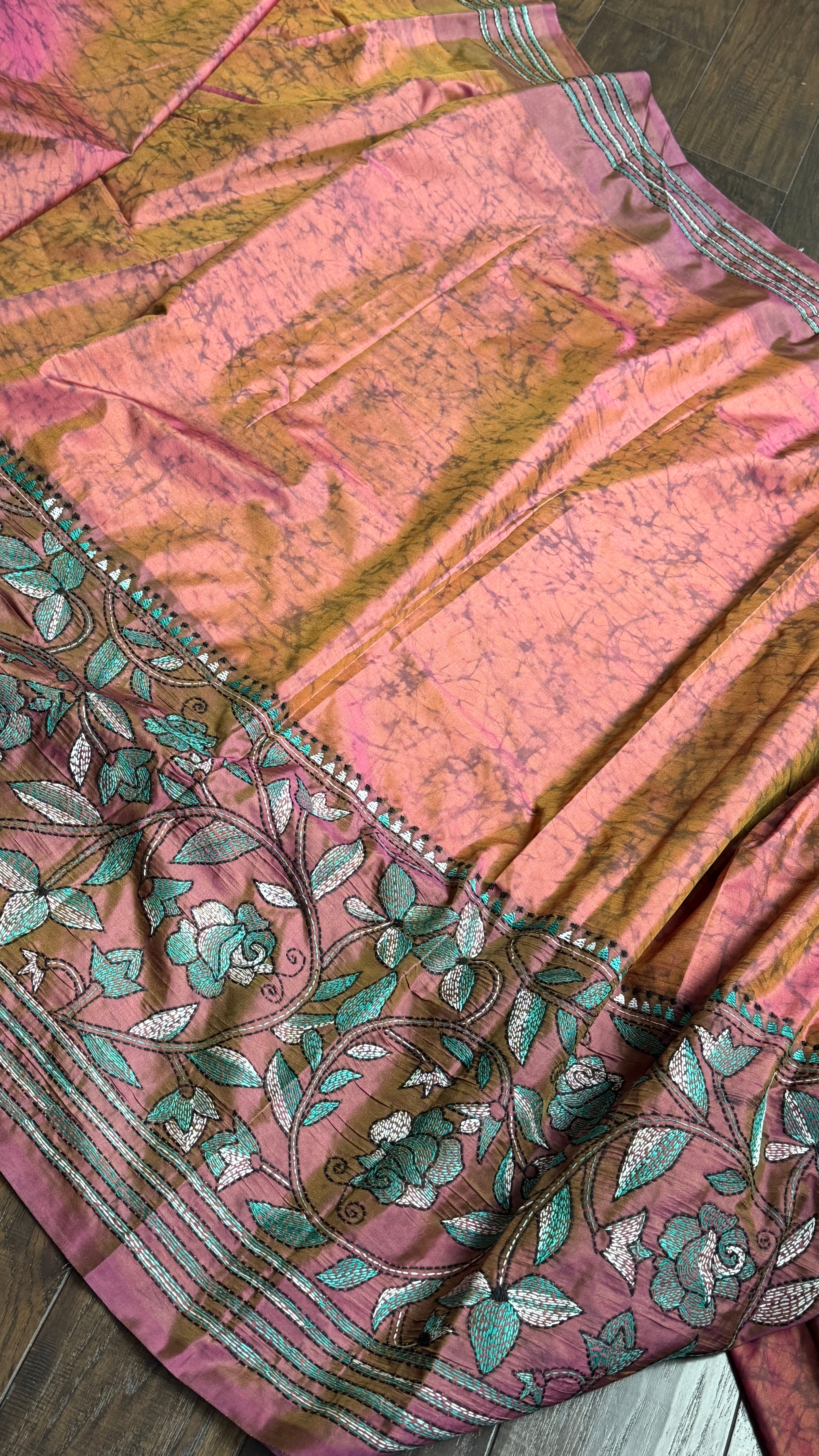 Bangalore Batik Kantha Silk -  Orange Pink Dual Tone