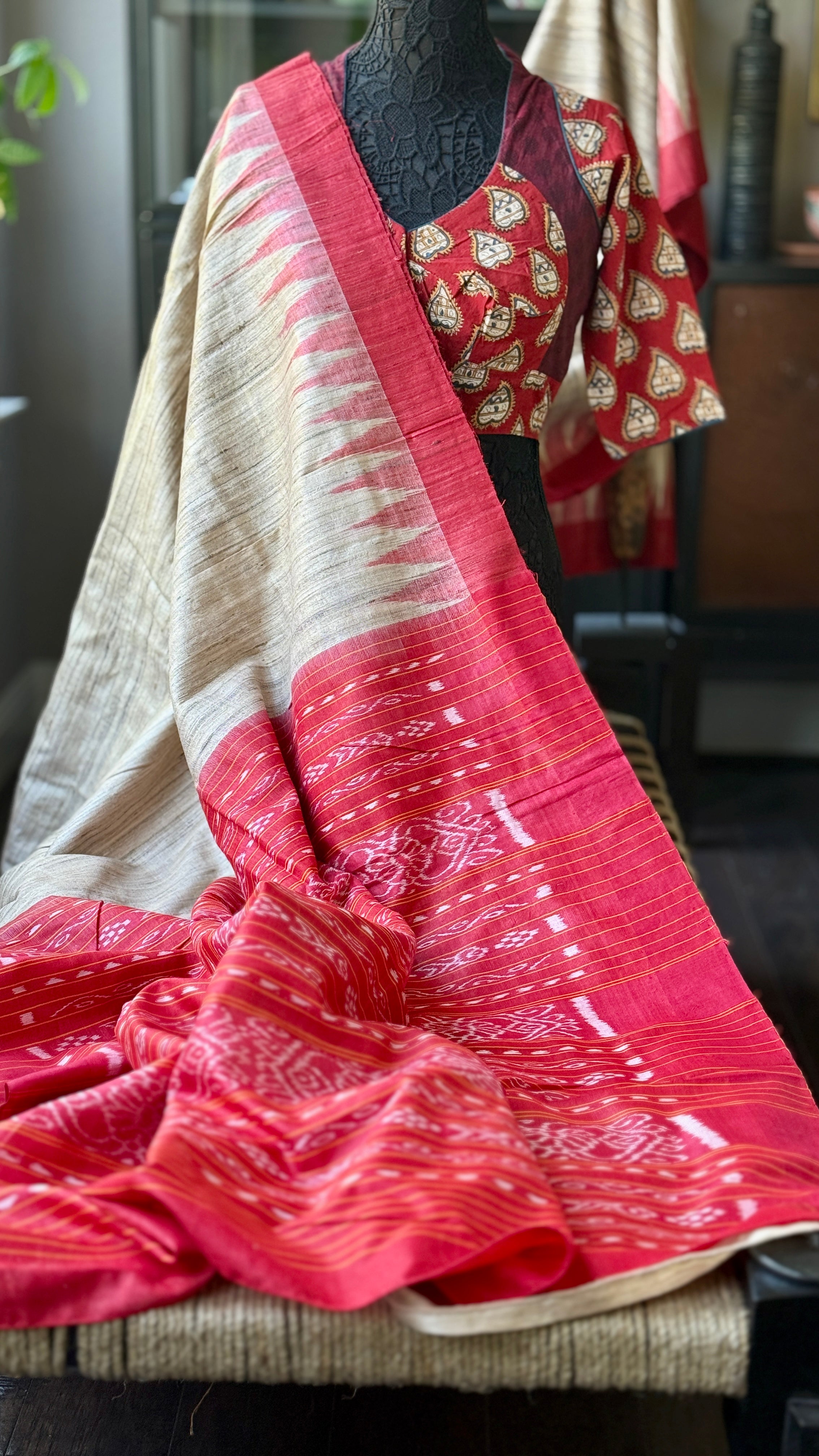 Gopalpur Tussar Silk Ikat - Beige Red