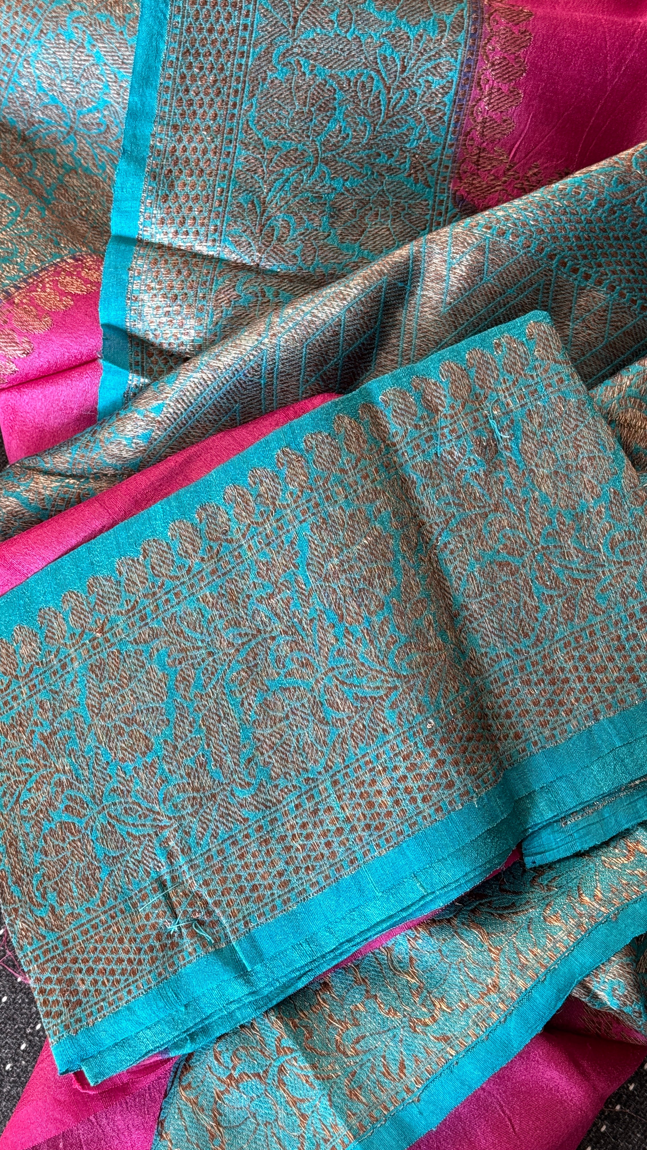 Tussar Silk Banarasi - Magenta Pink Firozi Antique Zari