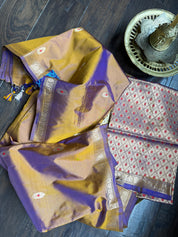 Pure Katan Silk Banarasi - Brown Purple Dual Shaded