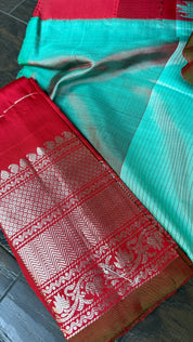 Pure Silk Gadwal - Light Blue Red Checkered