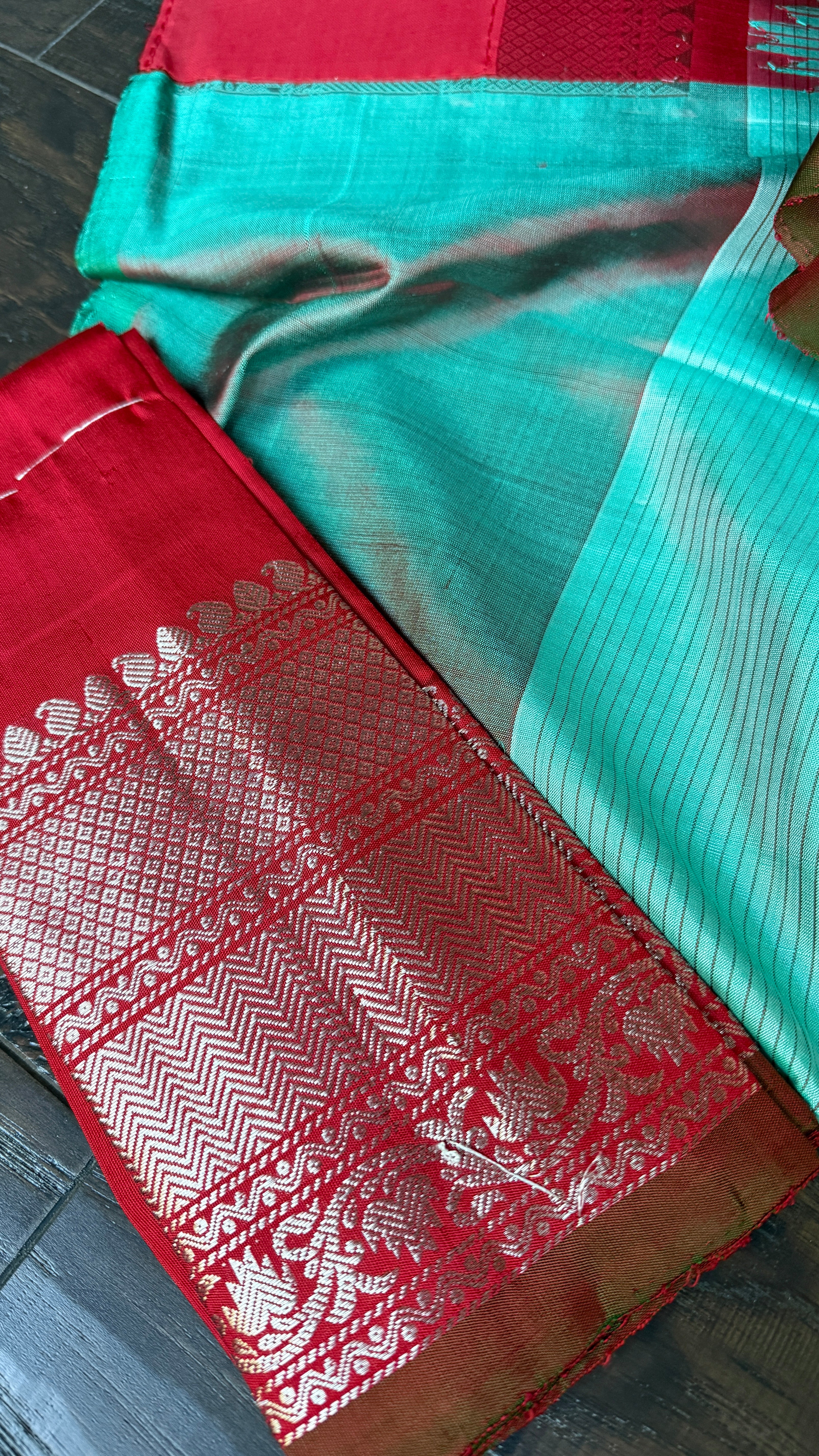 Pure Silk Gadwal - Light Blue Red Checkered