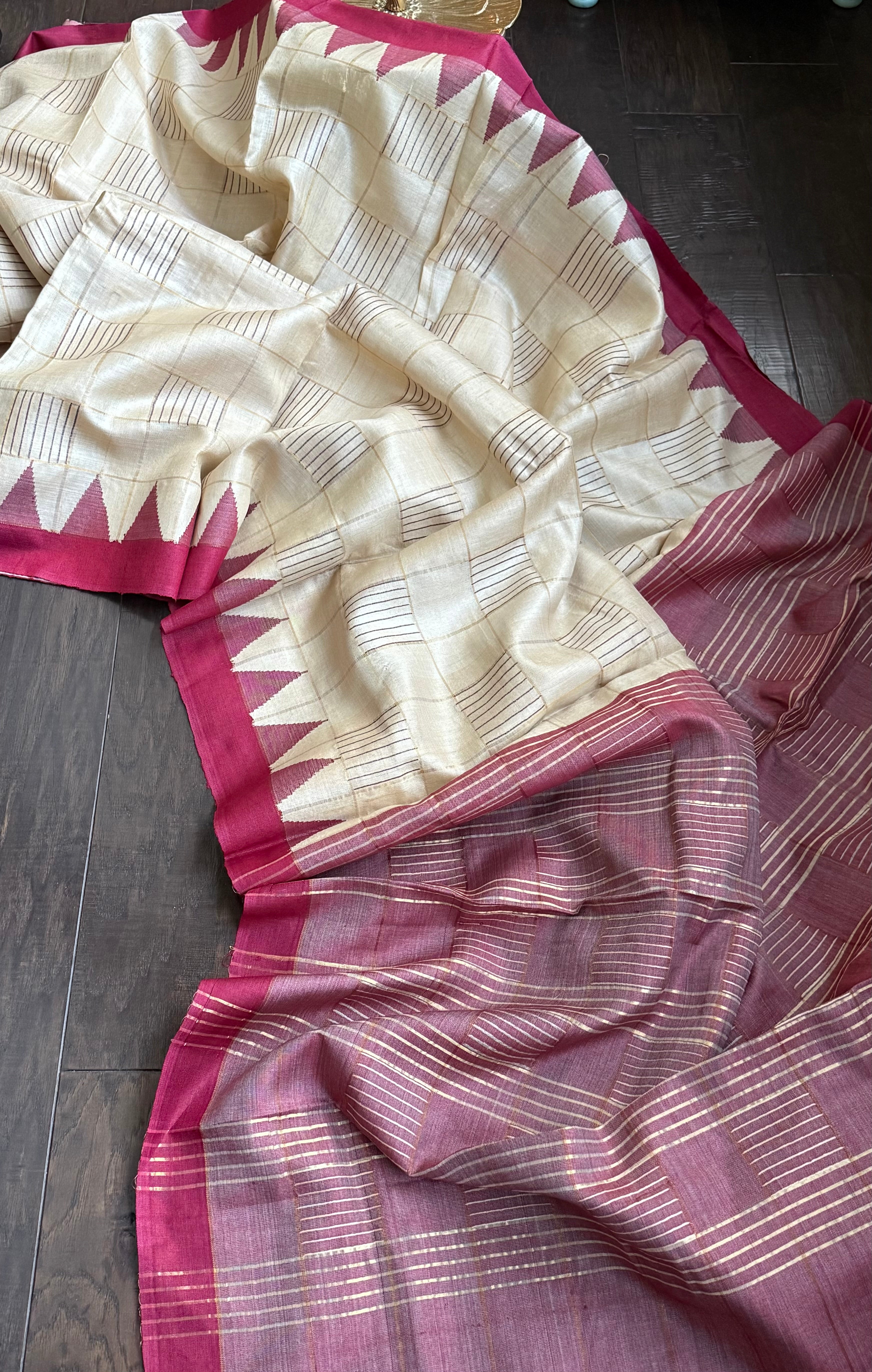Pure Tussar Silk - Beige Maroon