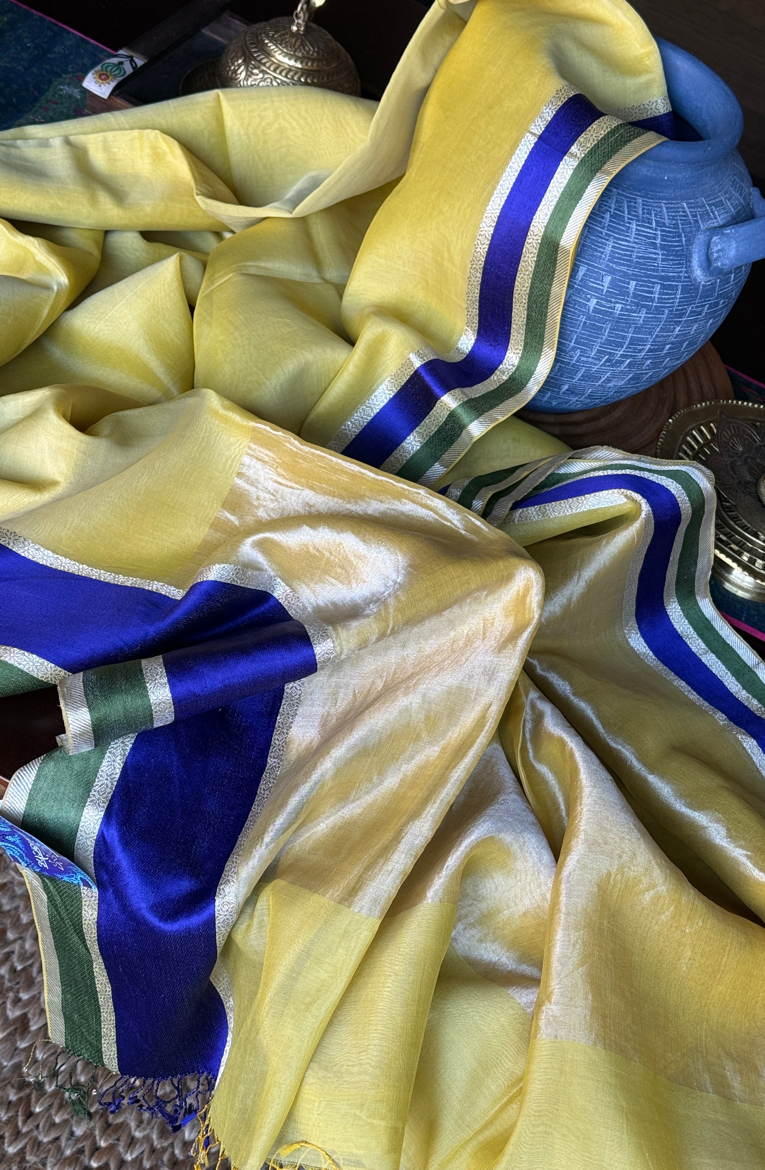 Maheshwari Tissue Silk Satin - Light Lemon Yellow Blue Green