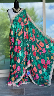 Designer Crepe Satin - Green Multi Color
