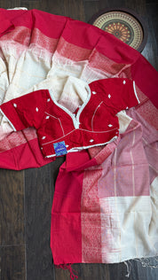Pure Khadi Cotton Jamdani Handwoven - Off White Red Zari