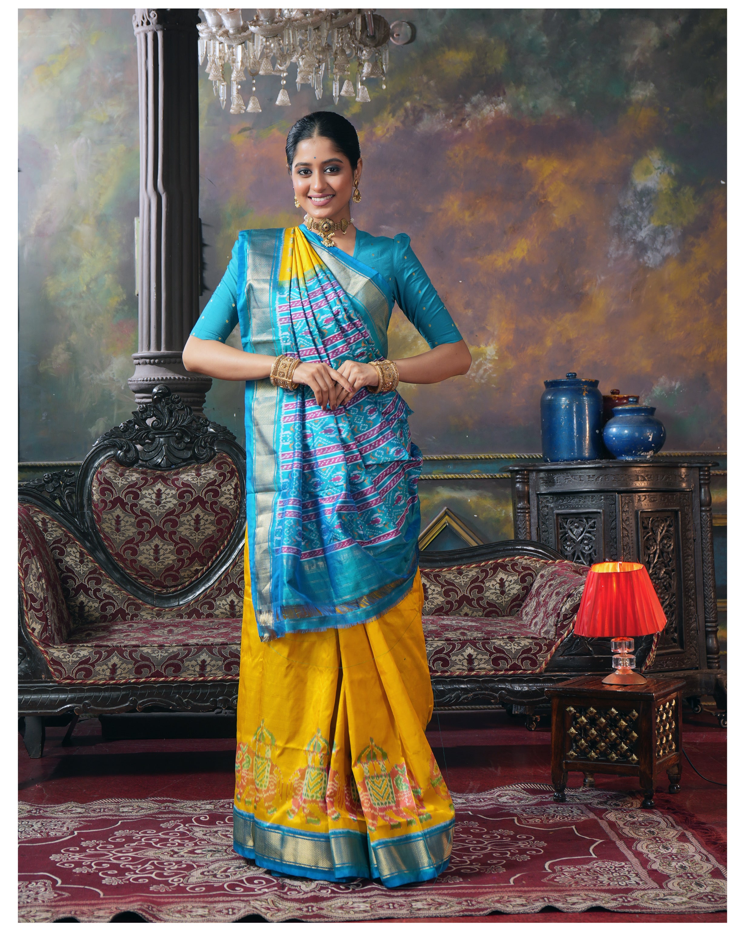 Pure Silk Ikat - Yellow Firozi Pochampally