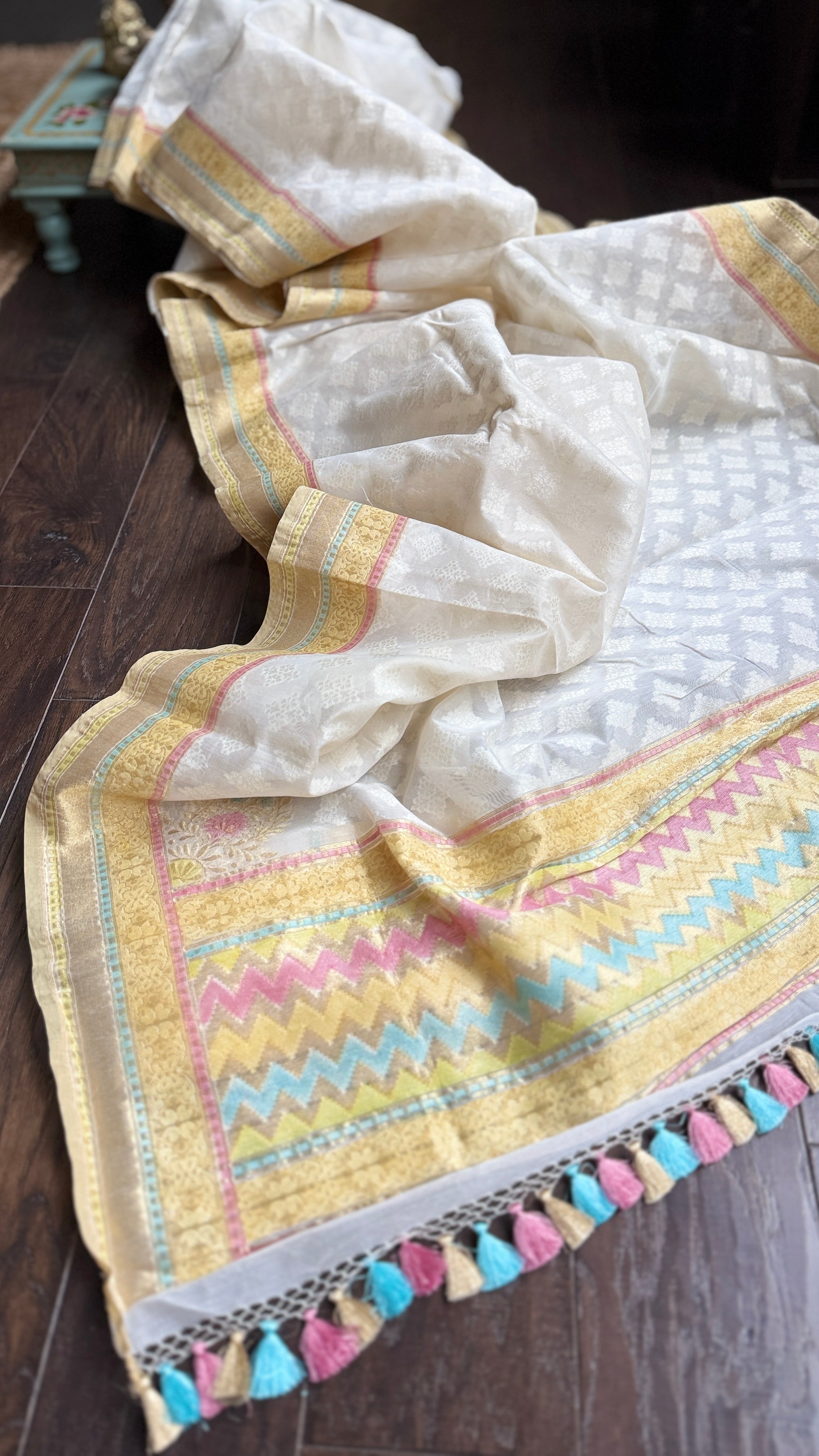 Kora Cotton Banarasi - White Woven