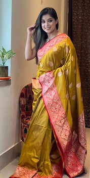 Pure Silk Katan Banarasi- Ochre Yellow Red