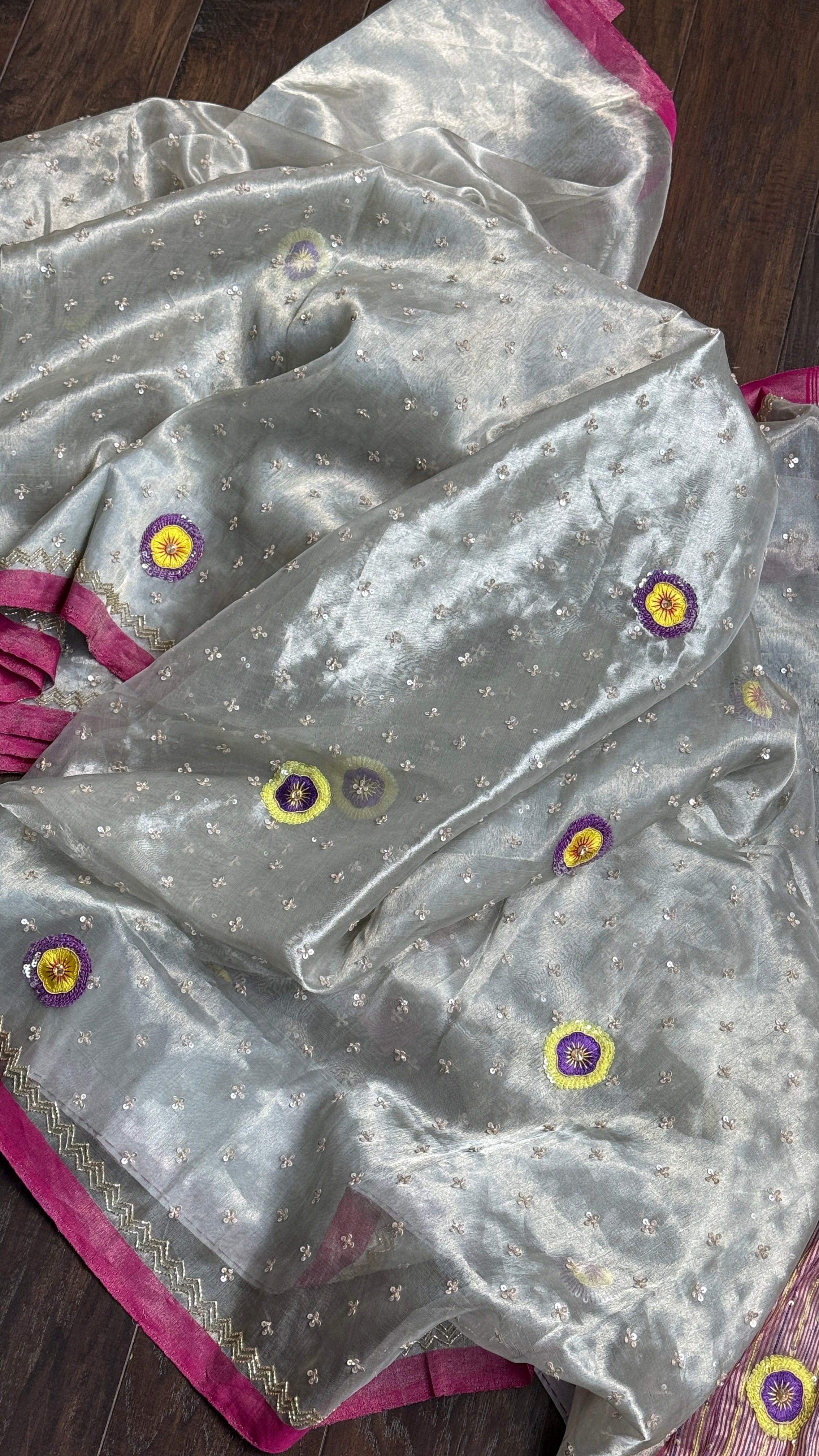 Hand Zardozi Pure Chanderi Tissue Silk - Silver Pink Woven