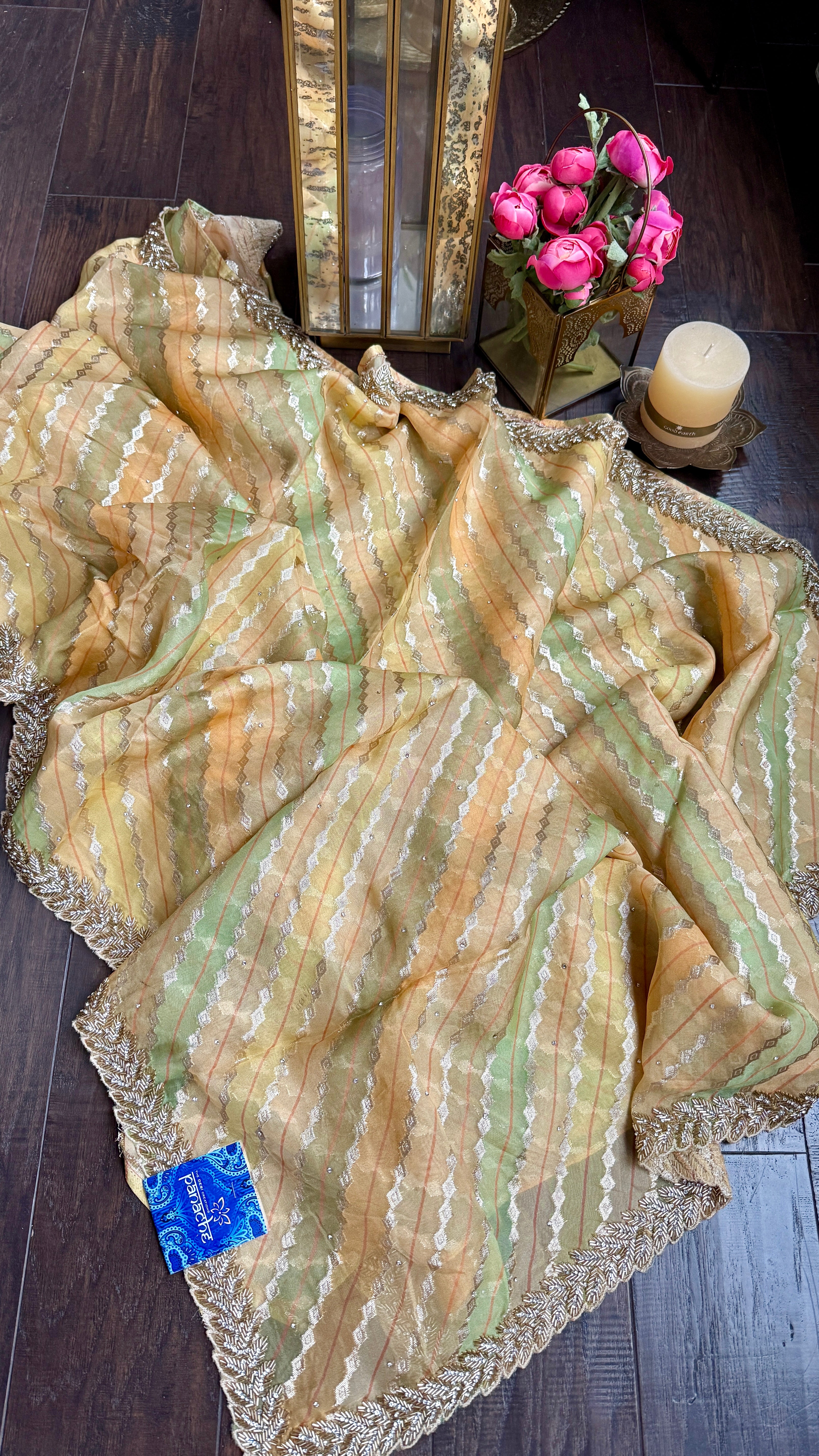 Designer Georgette Organza - Yellow Multi Color Hand Embroidered