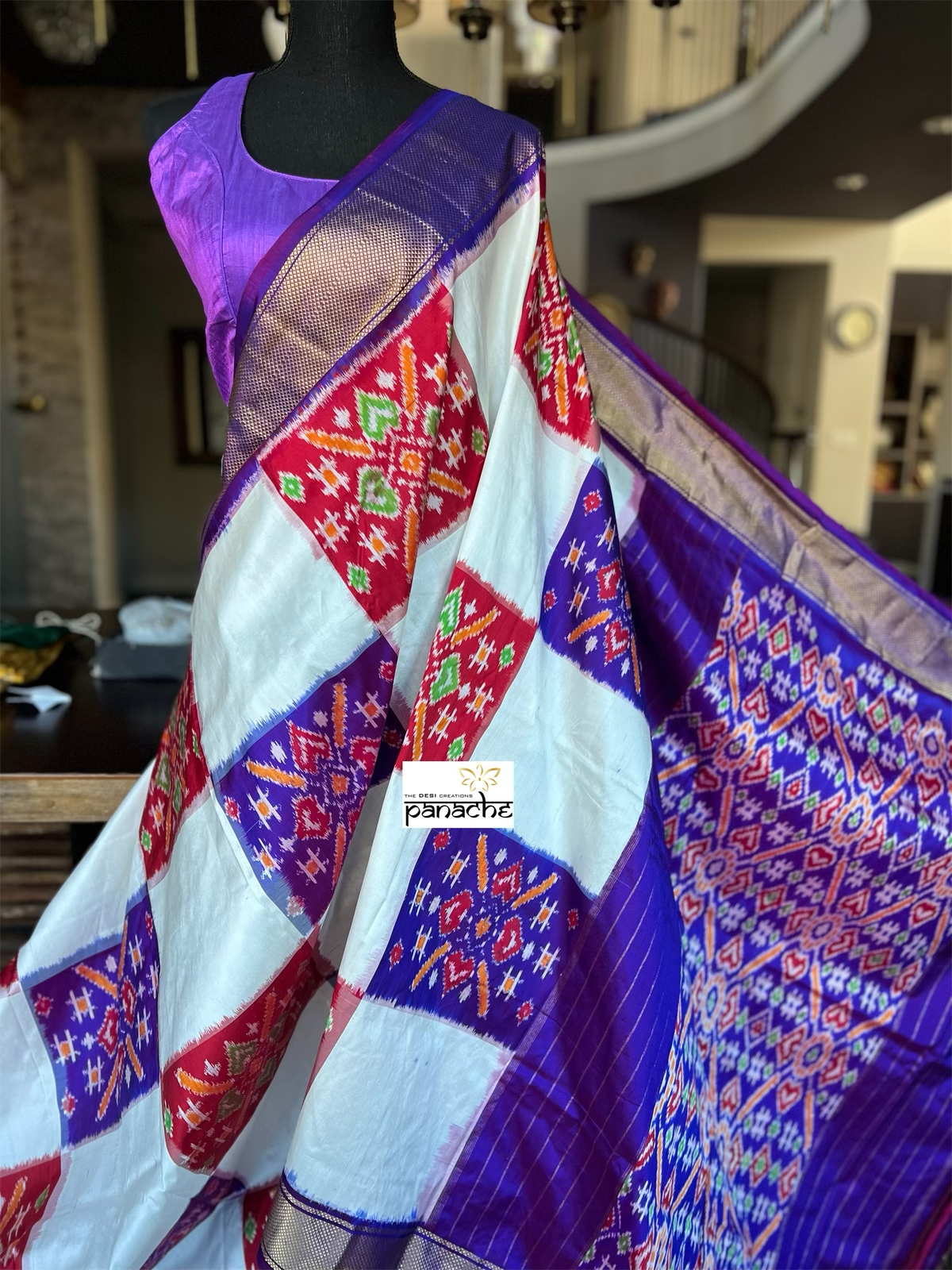 Pure Silk Ikat - Off-White Purple Red