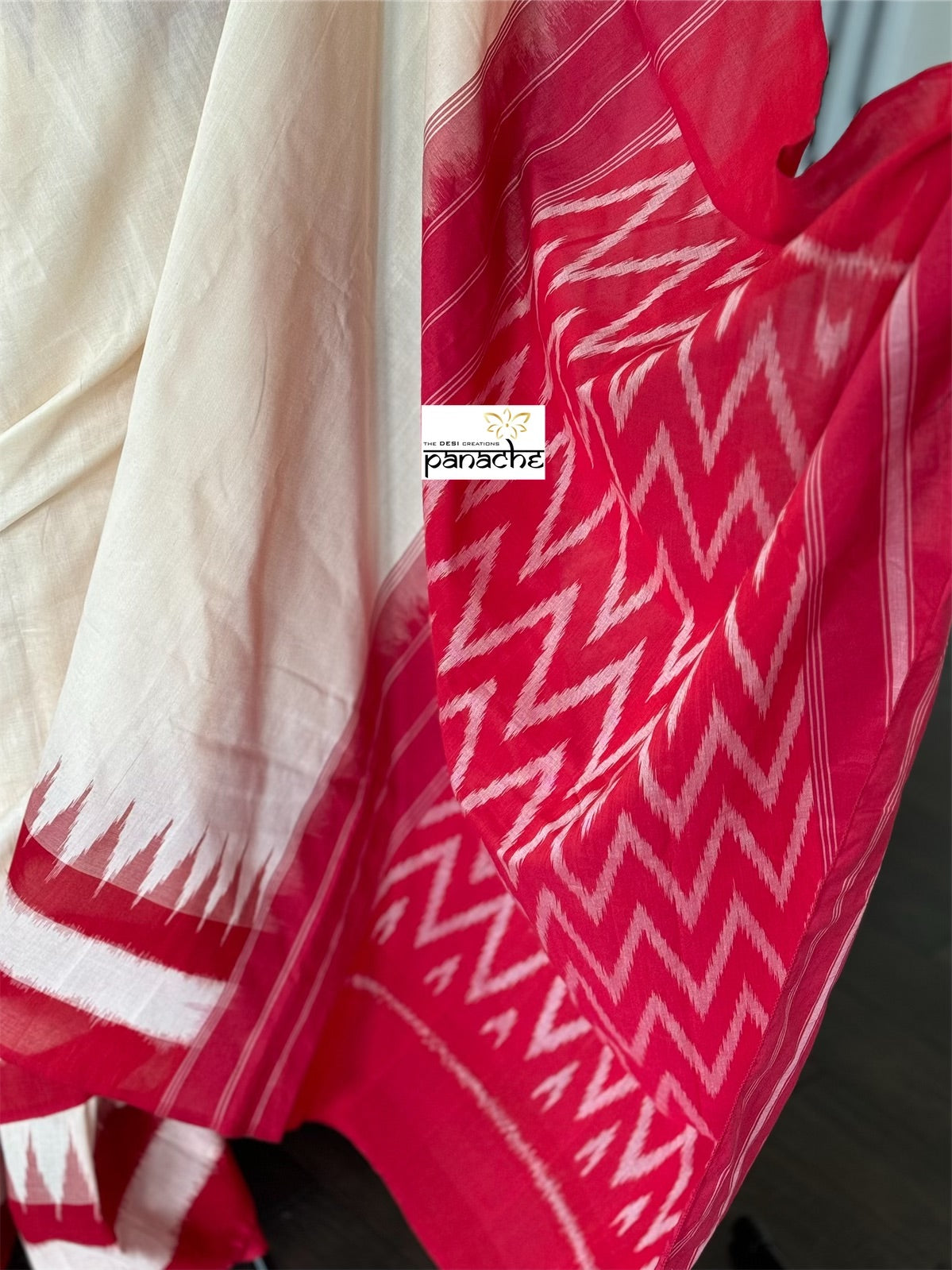 Pure Cotton Ikat - Dusty White Red Pochampolly