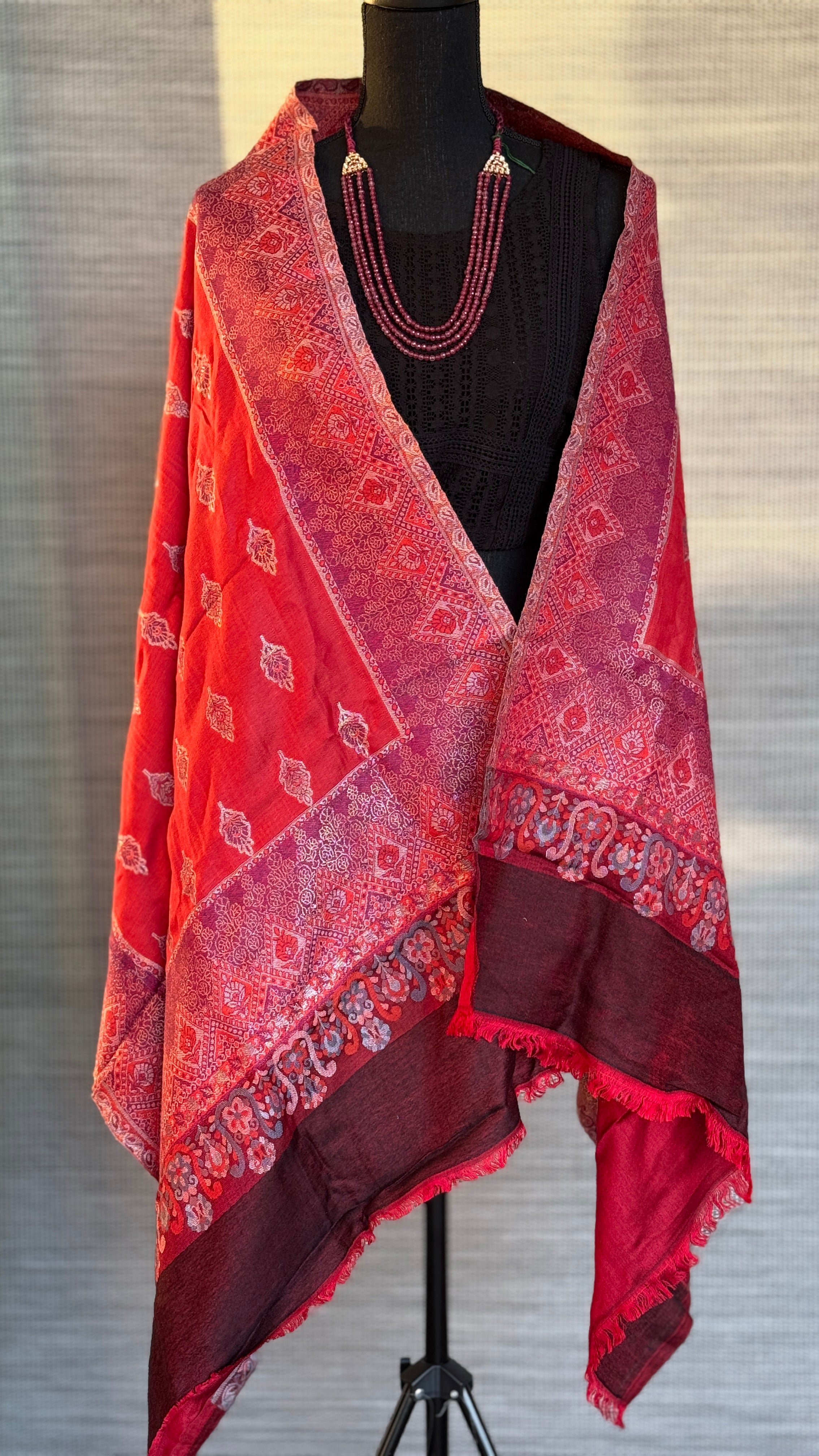 Kashmiri Semi Pashmina Stole - Red Purple